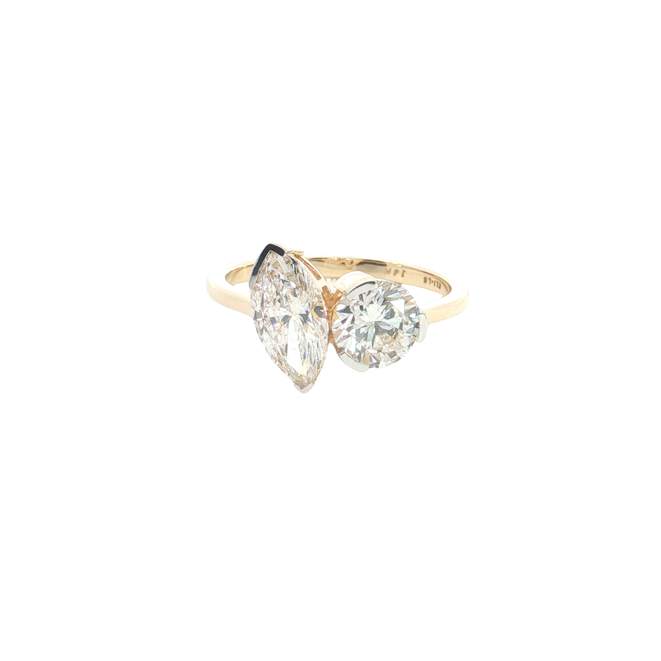 marquise and round brilliant cut lab grown diamond two stone ring