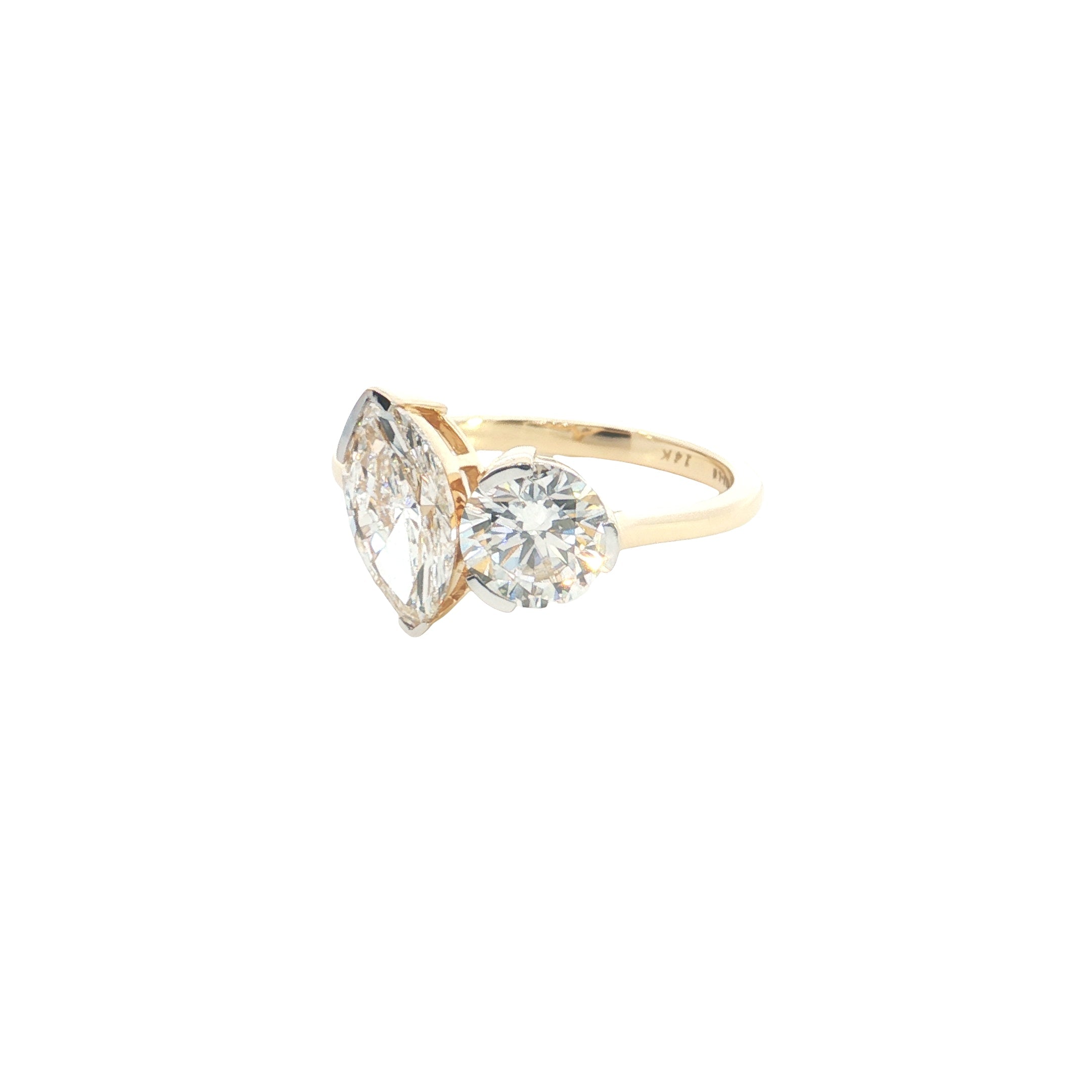 marquise and round brilliant cut lab grown diamond two stone ring