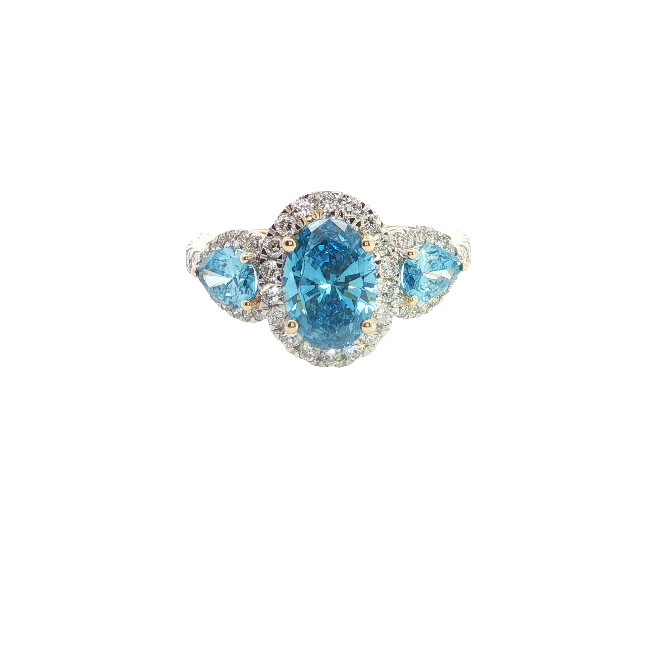 Blue color lab grown Oval and Pear with Brilliant cut Diamond Halo Engagement Ring