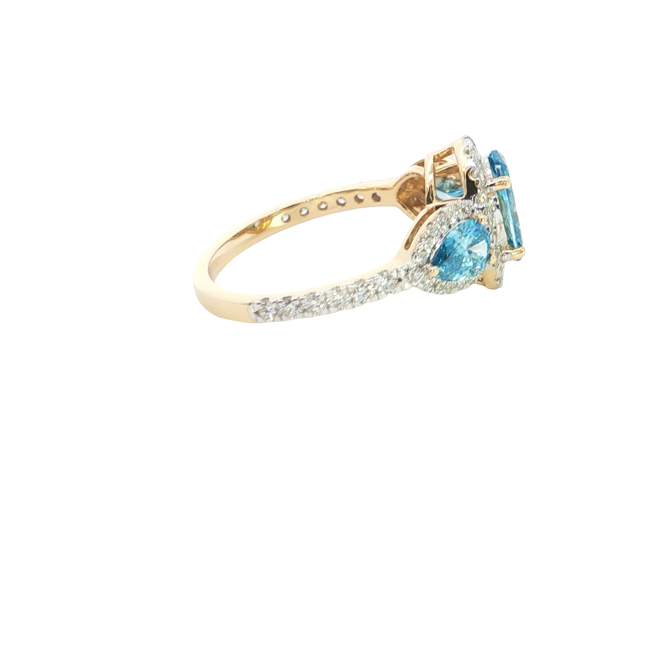Blue color lab grown Oval and Pear with Brilliant cut Diamond Halo Engagement Ring