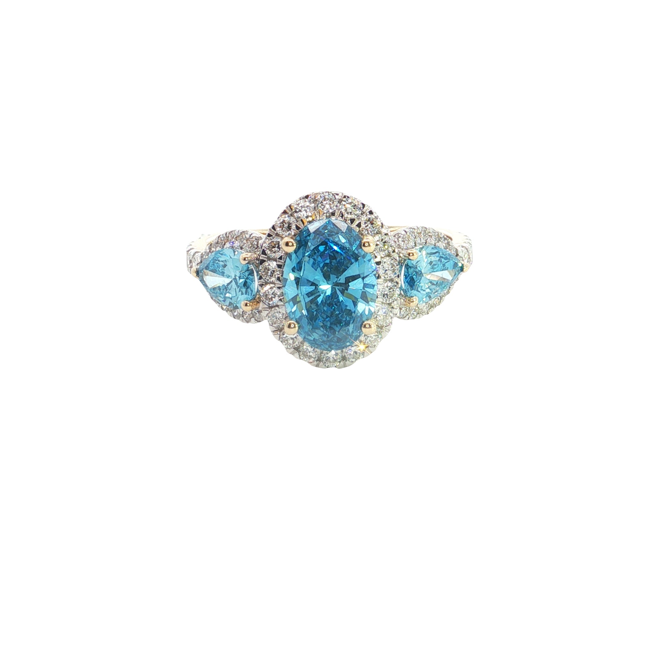 Blue color lab grown Oval and Pear with Brilliant cut Diamond Halo Engagement Ring