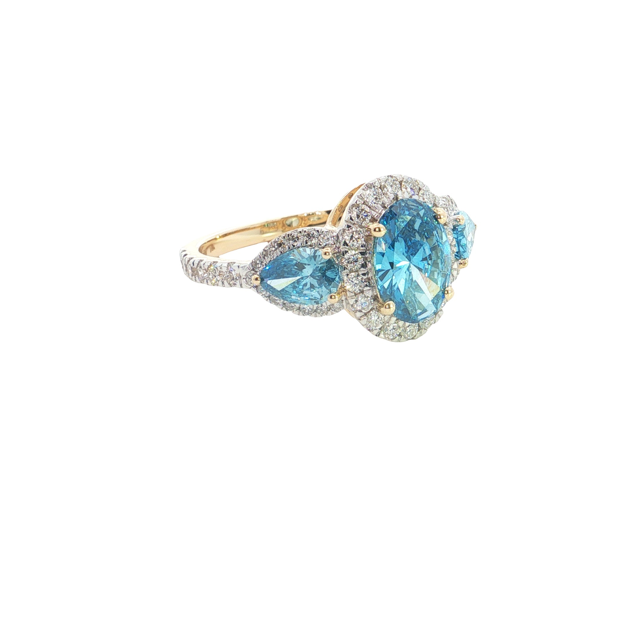Blue color lab grown Oval and Pear with Brilliant cut Diamond Halo Engagement Ring