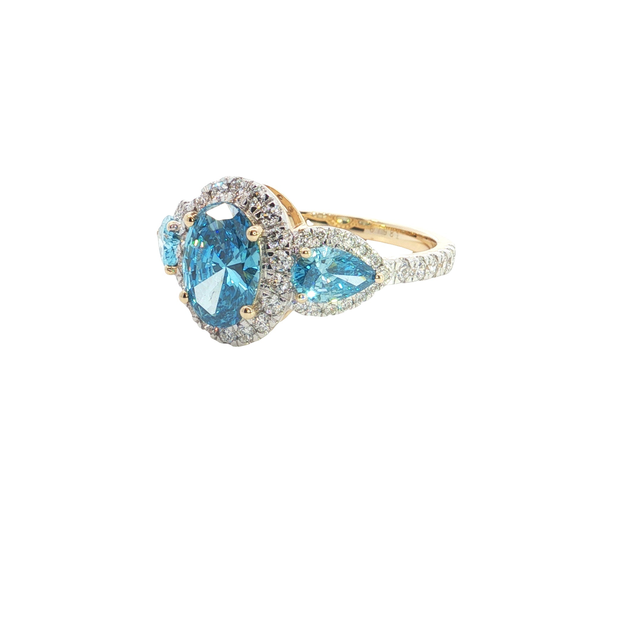 Blue color lab grown Oval and Pear with Brilliant cut Diamond Halo Engagement Ring