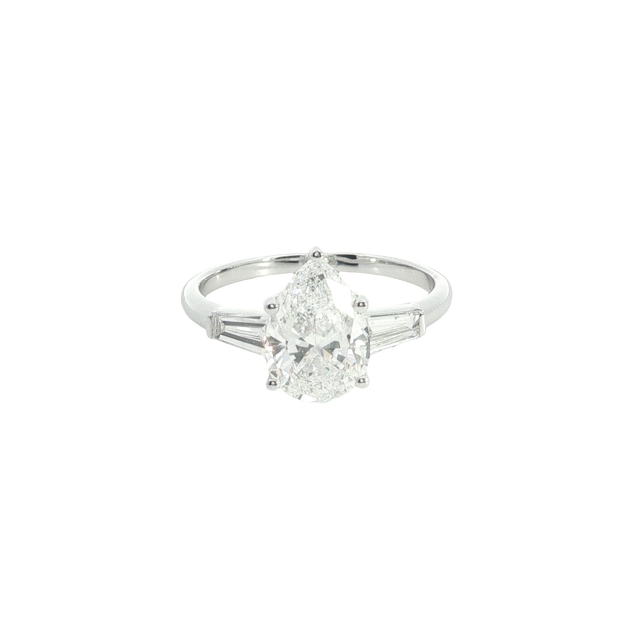 pear and tapered BAGUETTE diamond cut lab grown diamond engagement ring