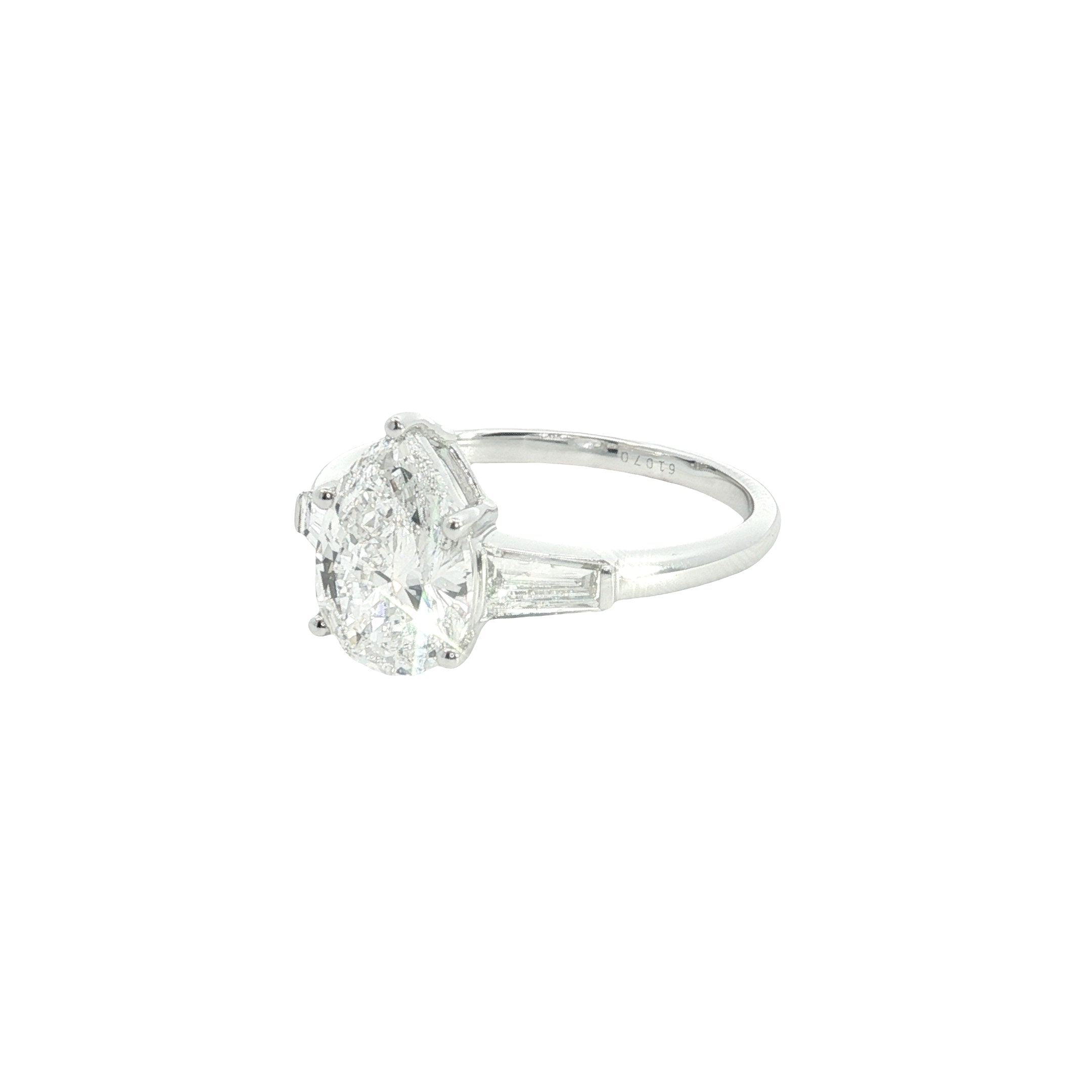 pear and tapered BAGUETTE diamond cut lab grown diamond engagement ring