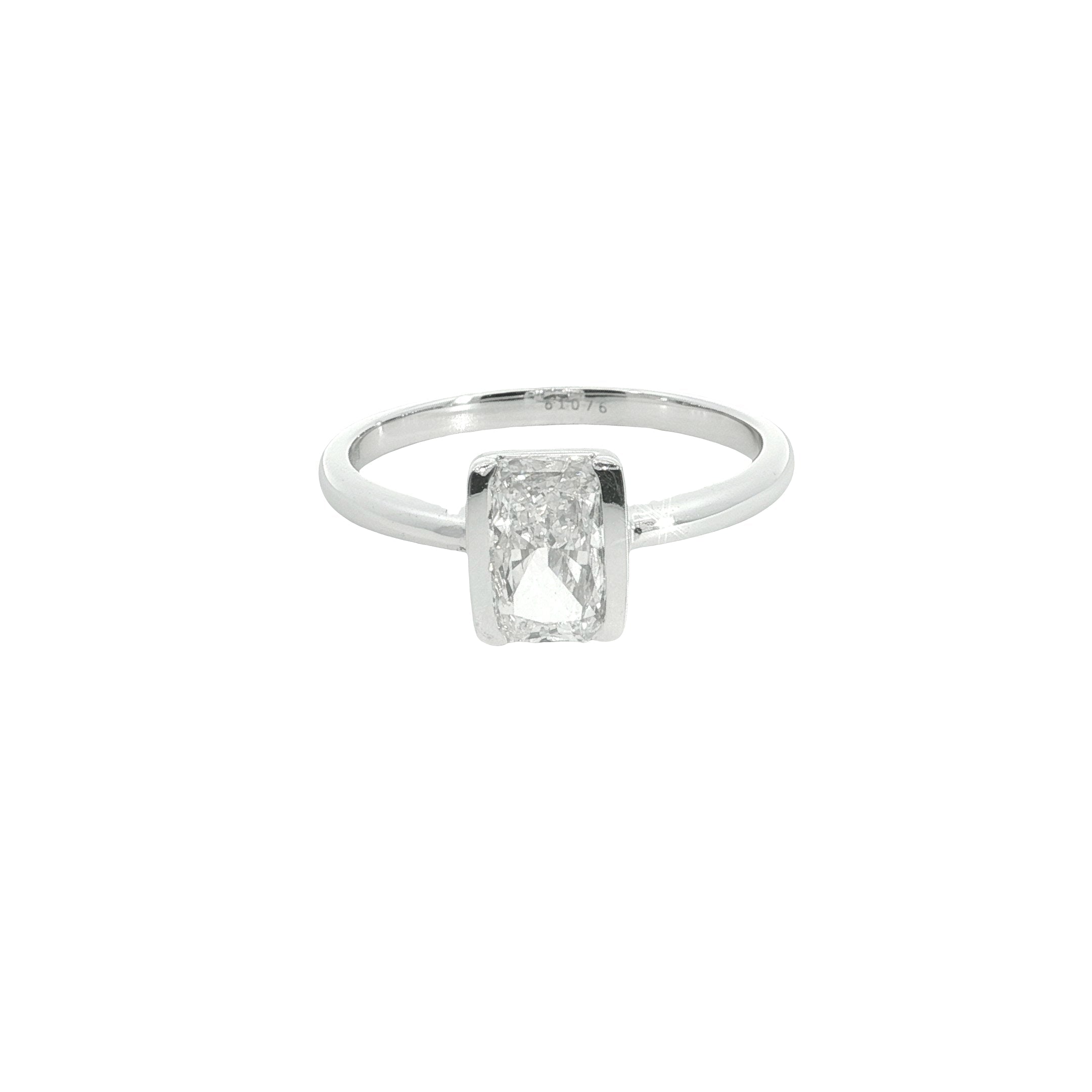 radiant cut Lab grown Diamond Classic half bezel Solitaire Engagement Ring