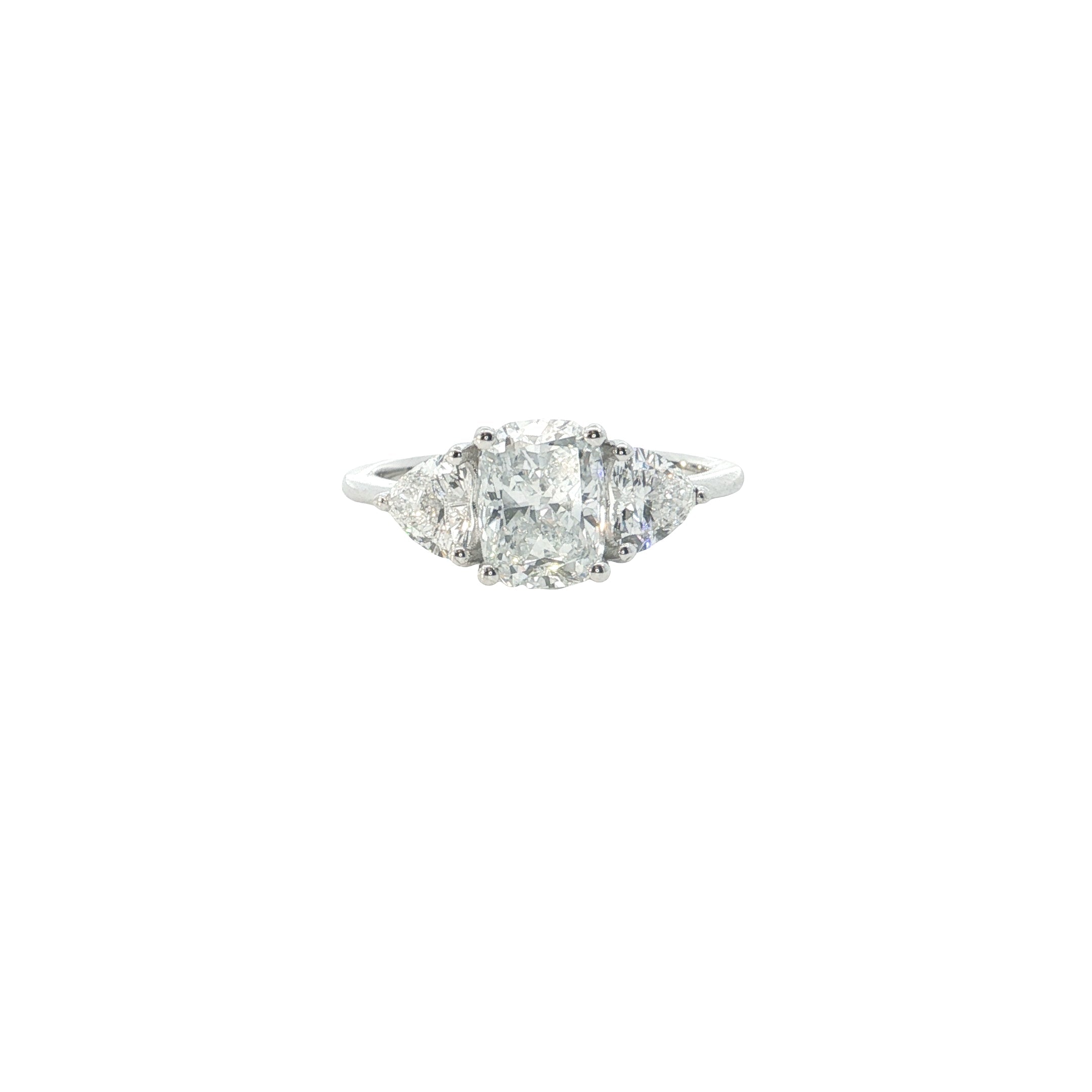 lab elongated cushion with heart shape lab grown diamond three stone engagement ring