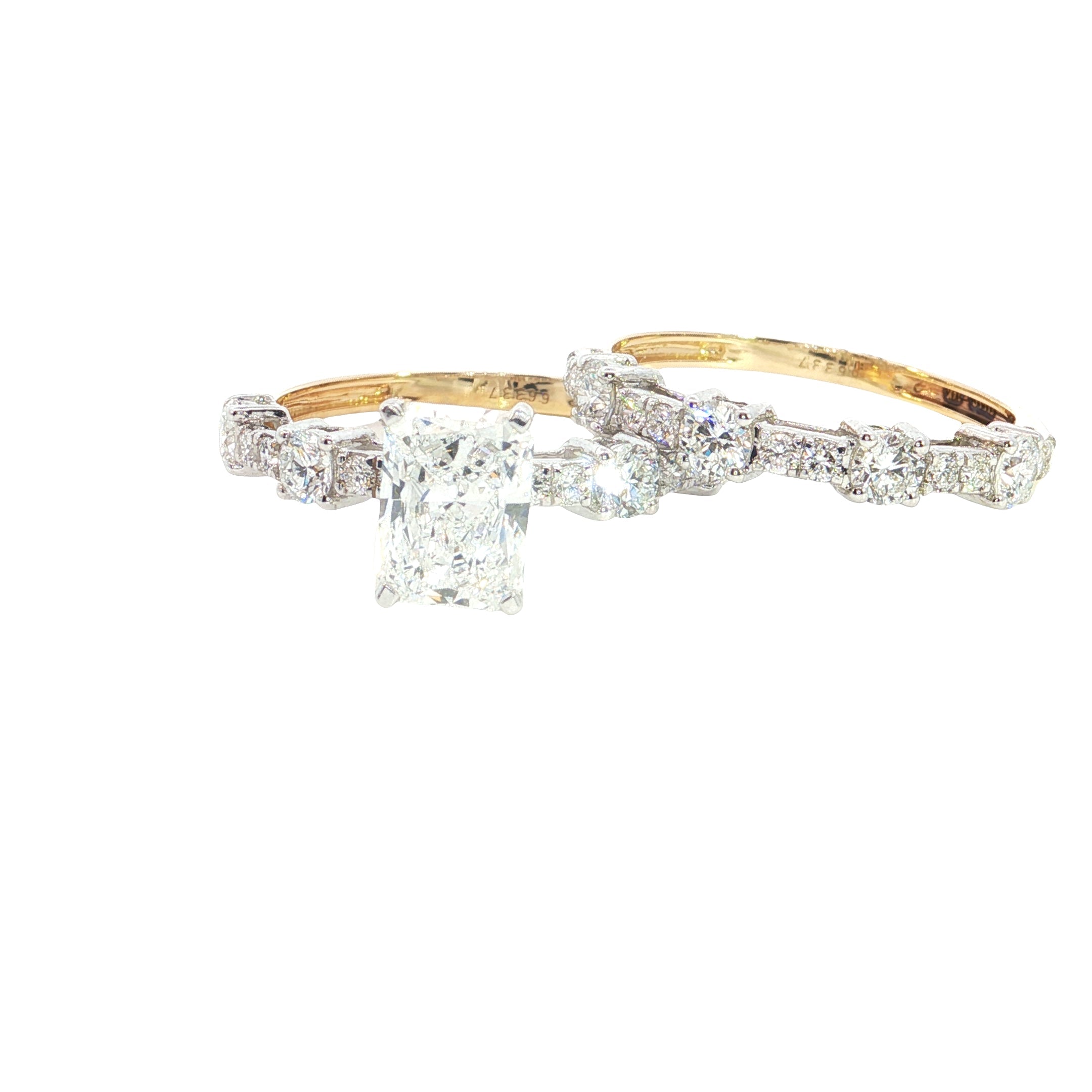 radiant with raound brilliant cut lab diamond engagement ring with matching band