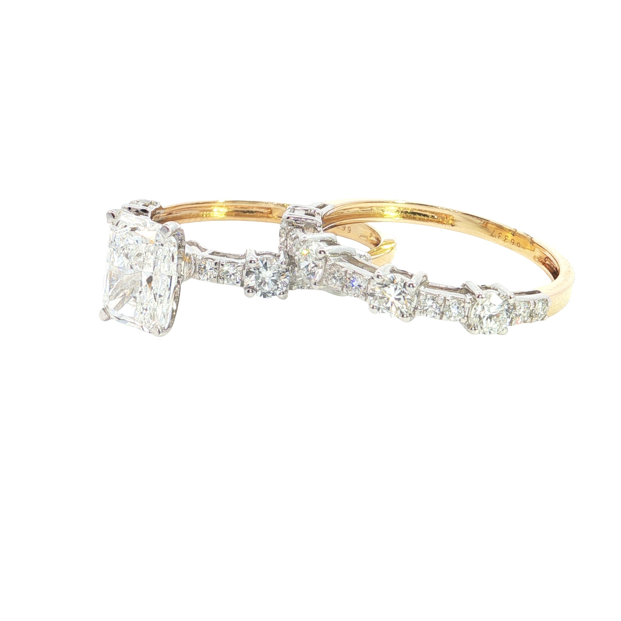 radiant with raound brilliant cut lab diamond engagement ring with matching band