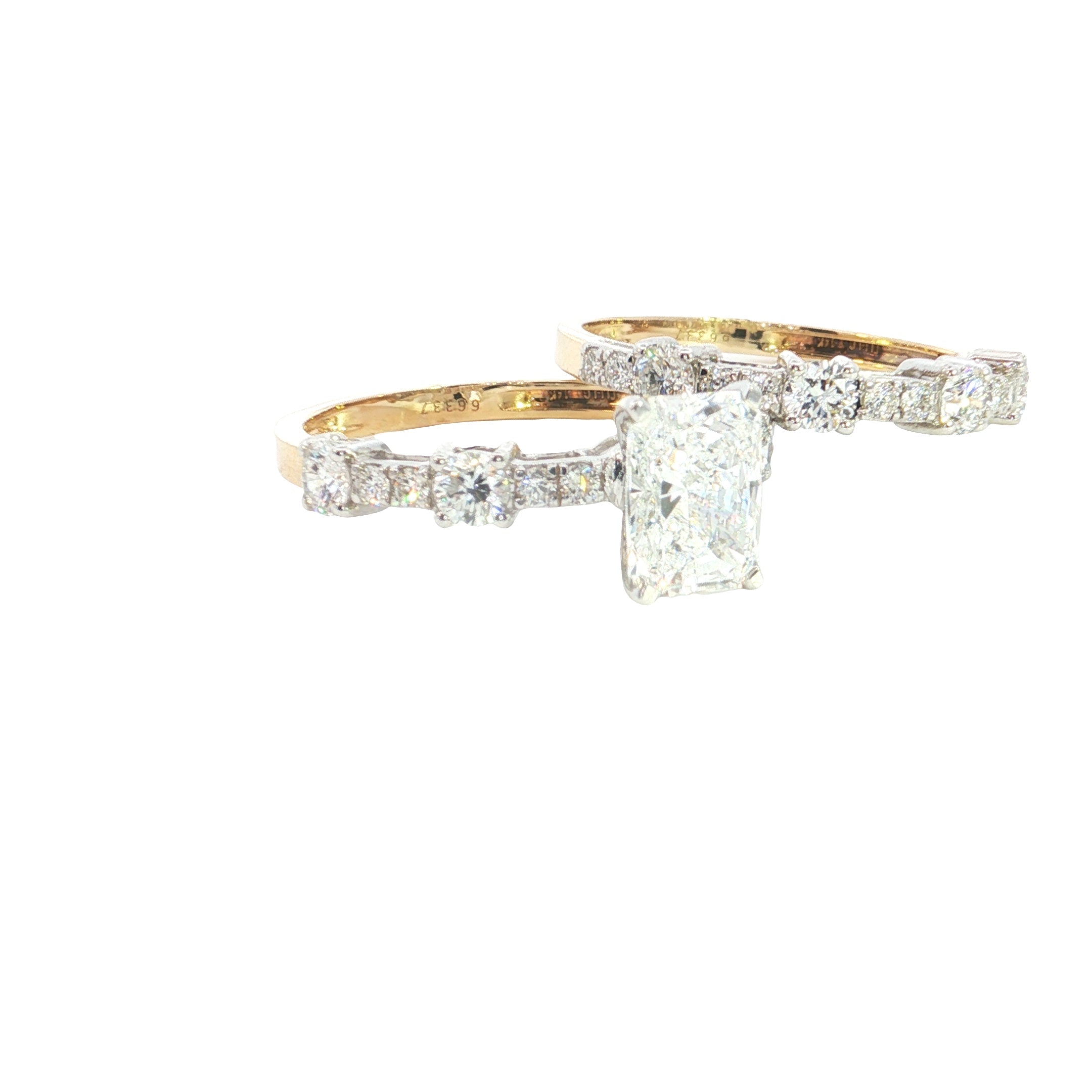 radiant with raound brilliant cut lab diamond engagement ring with matching band