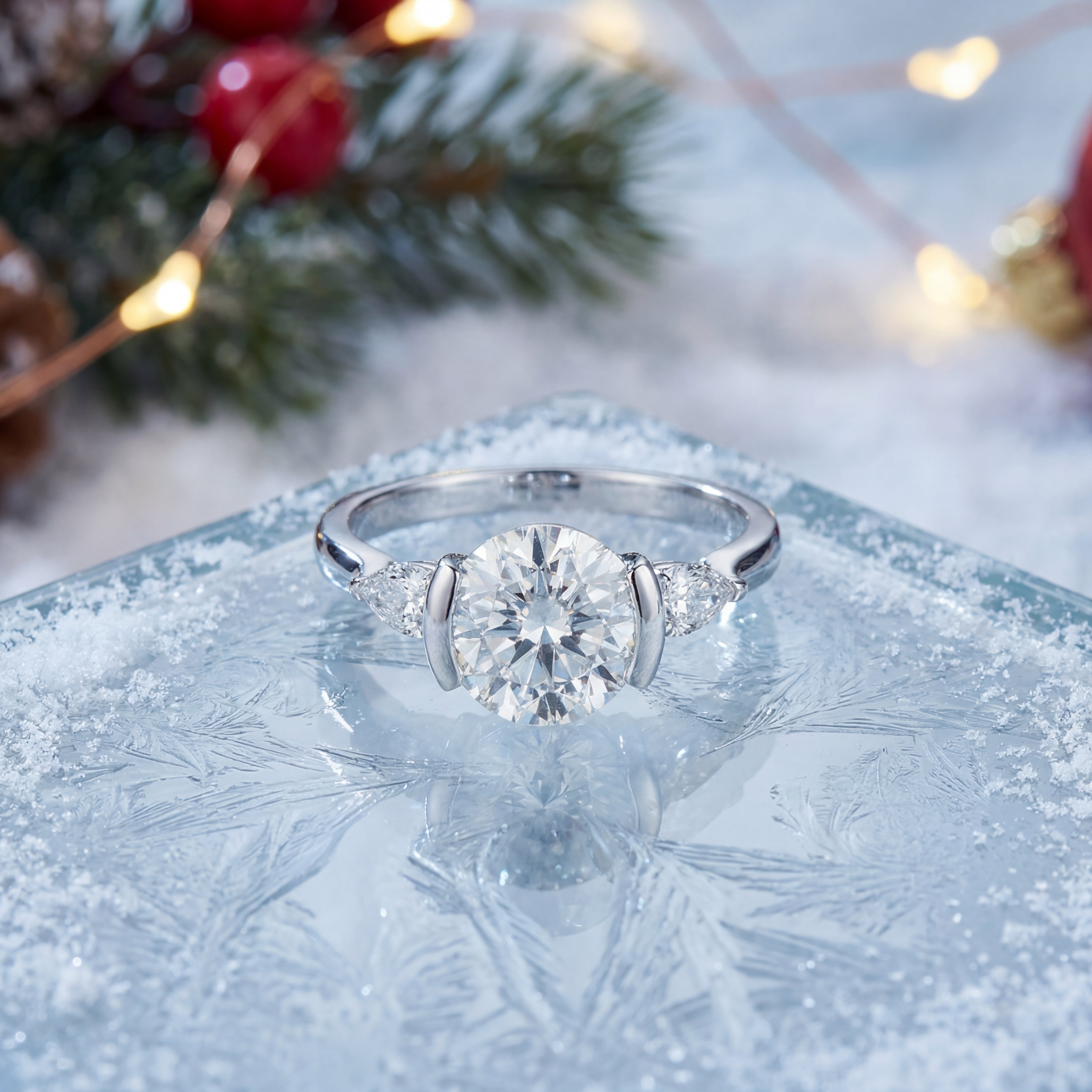 round brilliant cut and pear cut lab grown diamond three stone engagement ring
