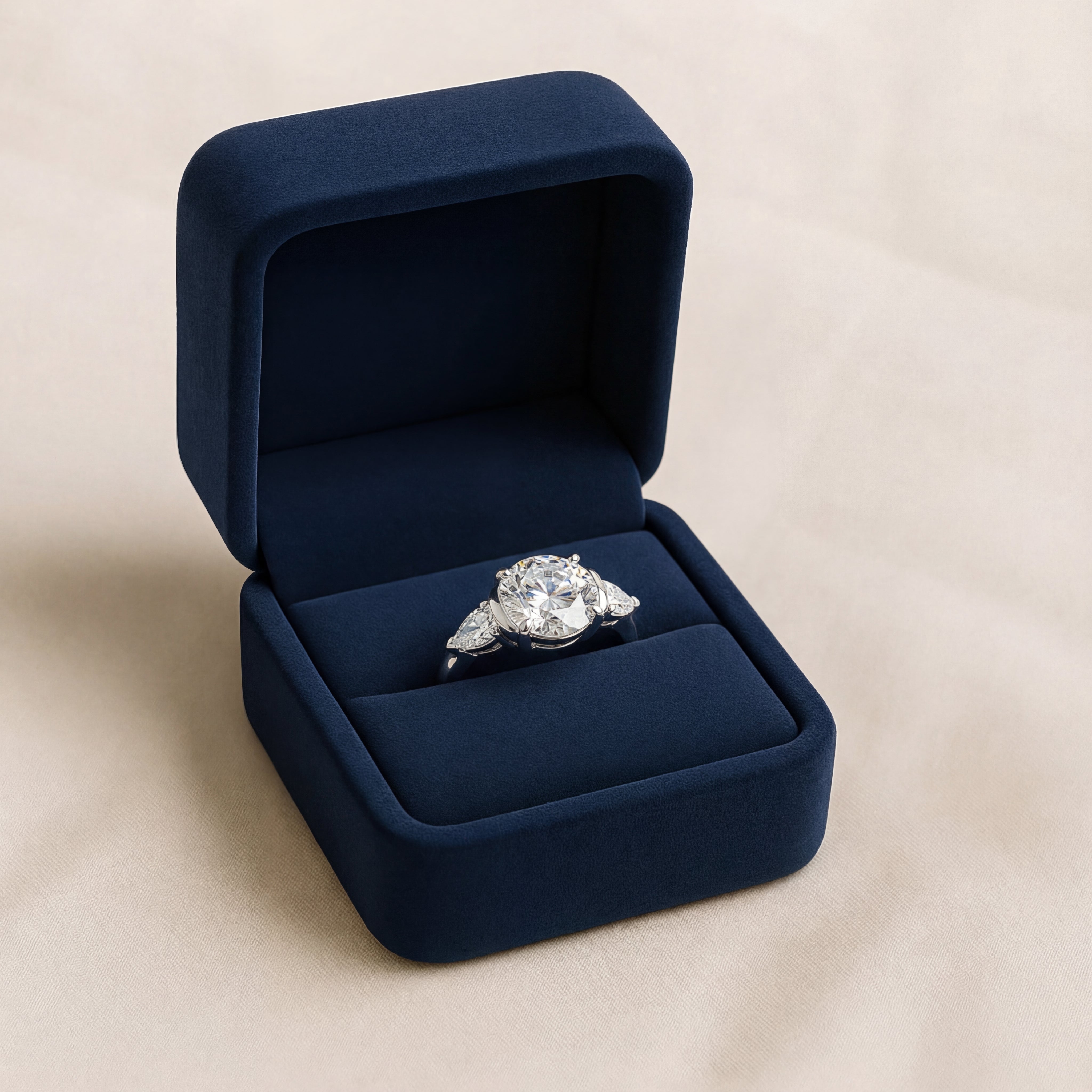 round brilliant cut and pear cut lab grown diamond three stone engagement ring