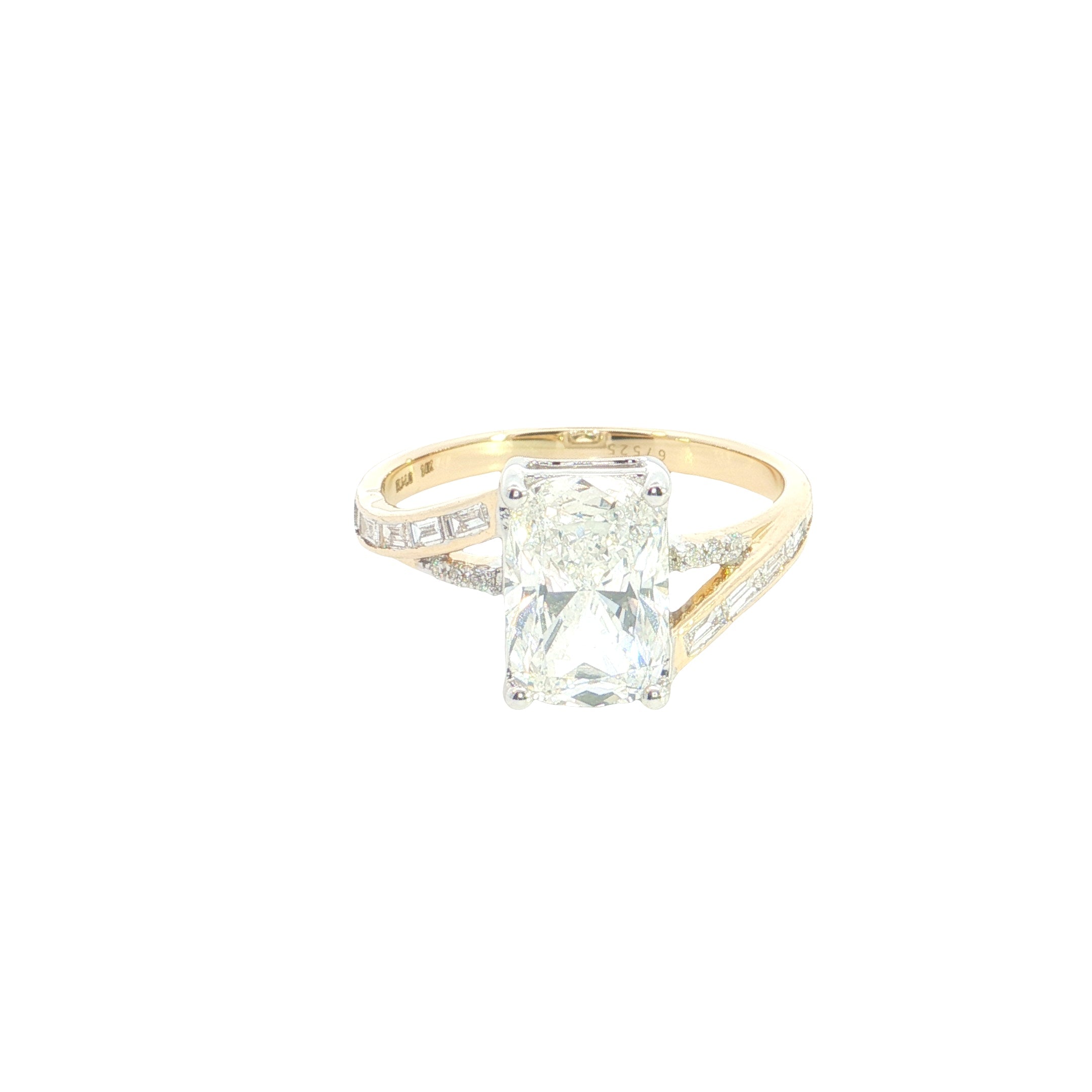 radiant center with BAGUETTE  and round lab grown diamond engagement ring
