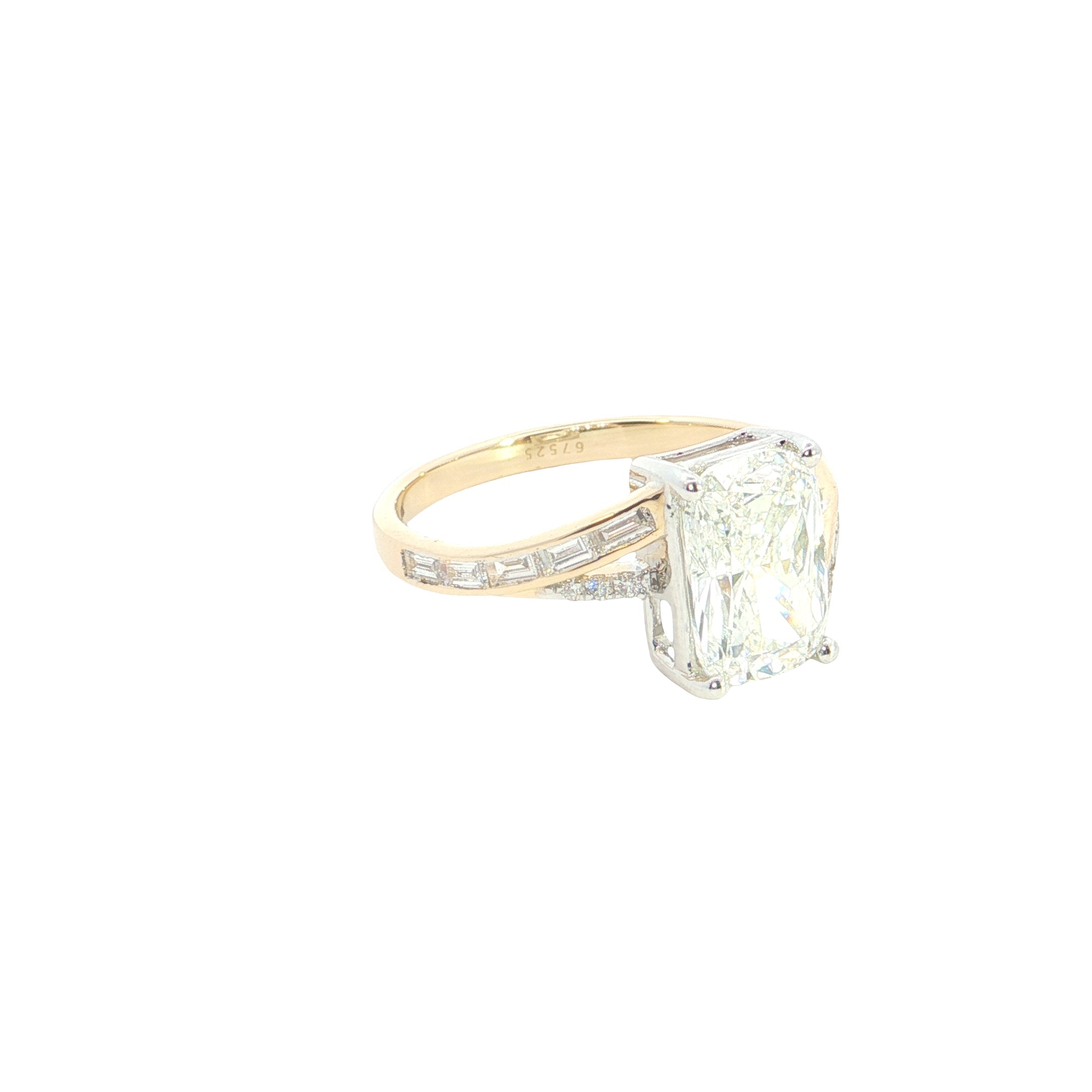 radiant center with BAGUETTE  and round lab grown diamond engagement ring