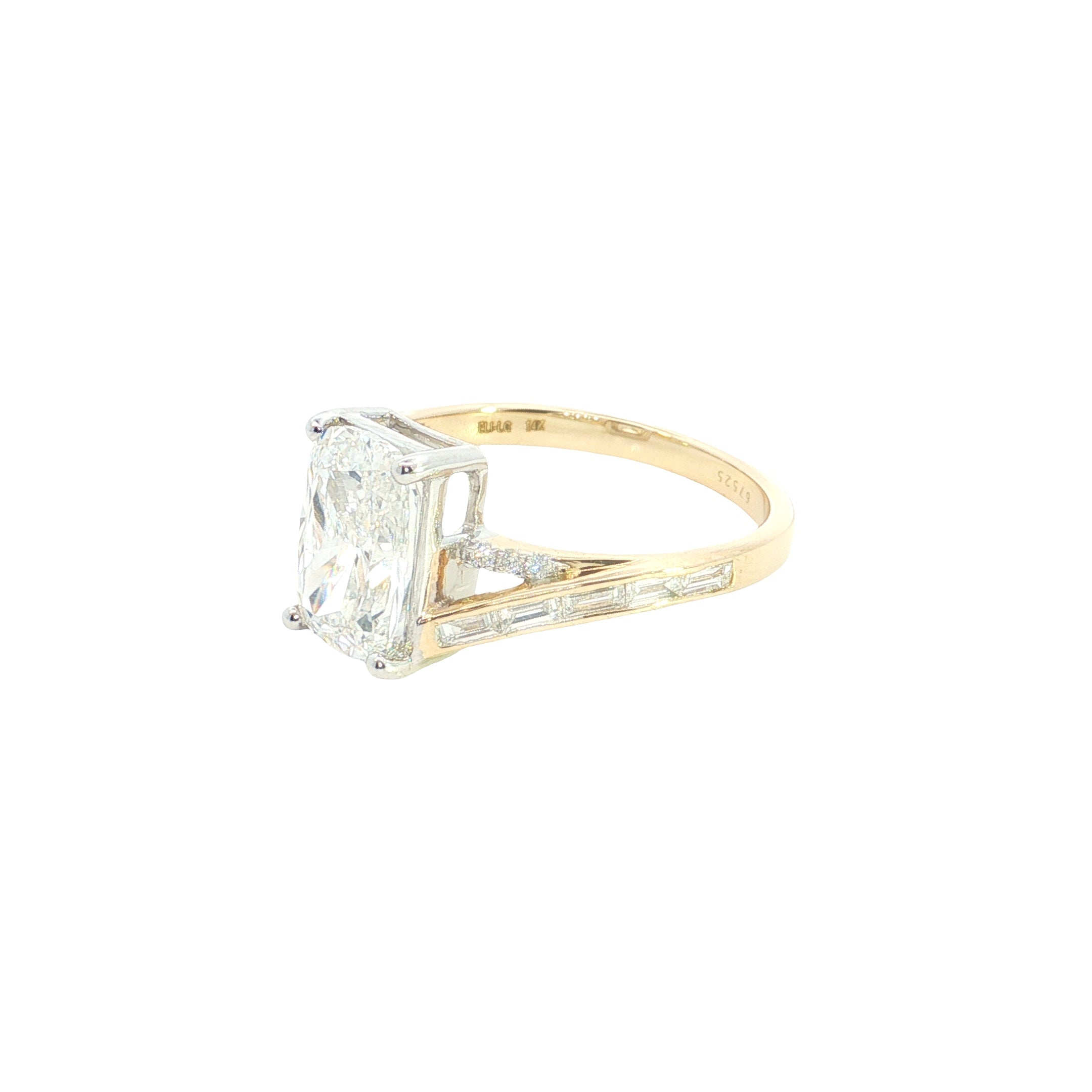 radiant center with BAGUETTE  and round lab grown diamond engagement ring
