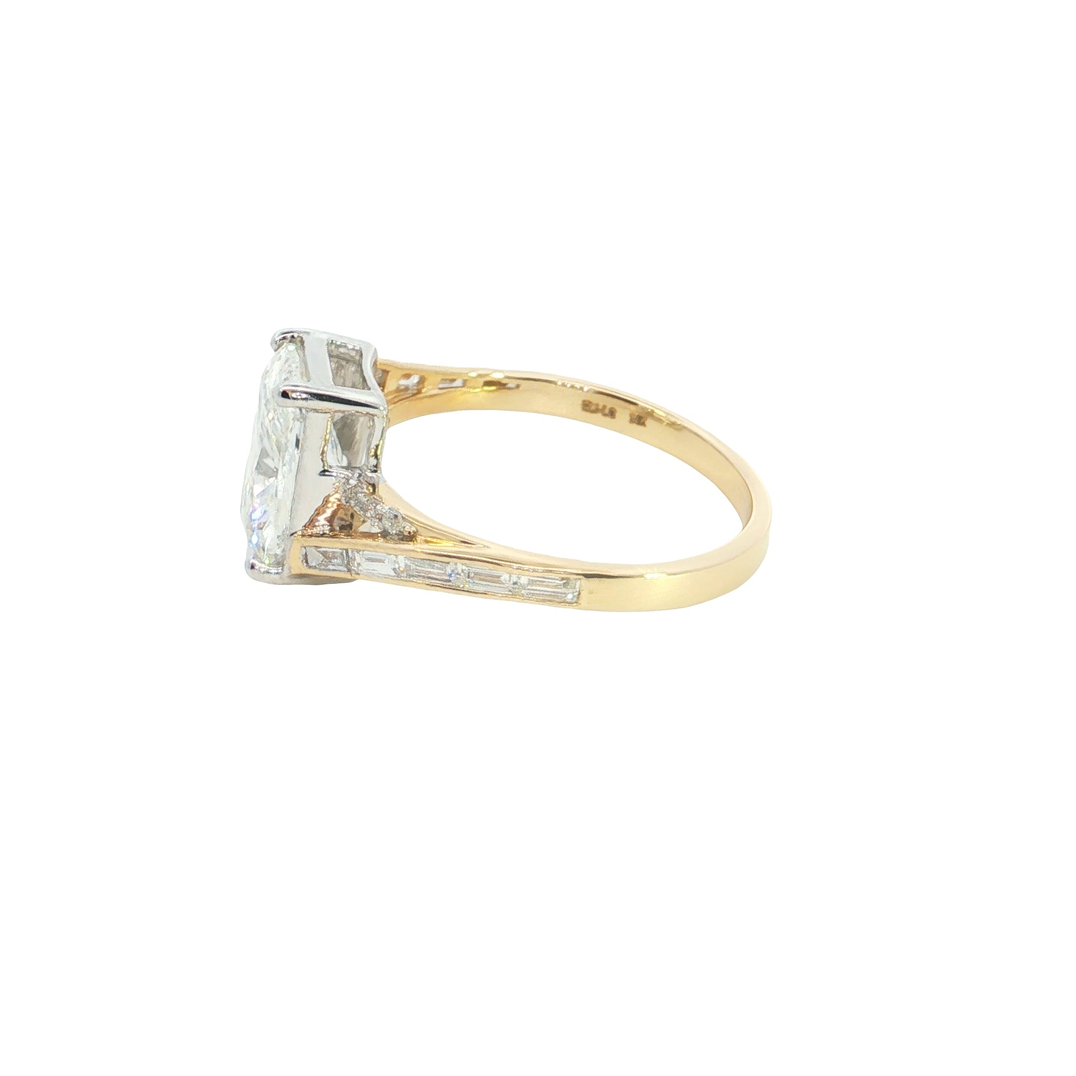 radiant center with BAGUETTE  and round lab grown diamond engagement ring