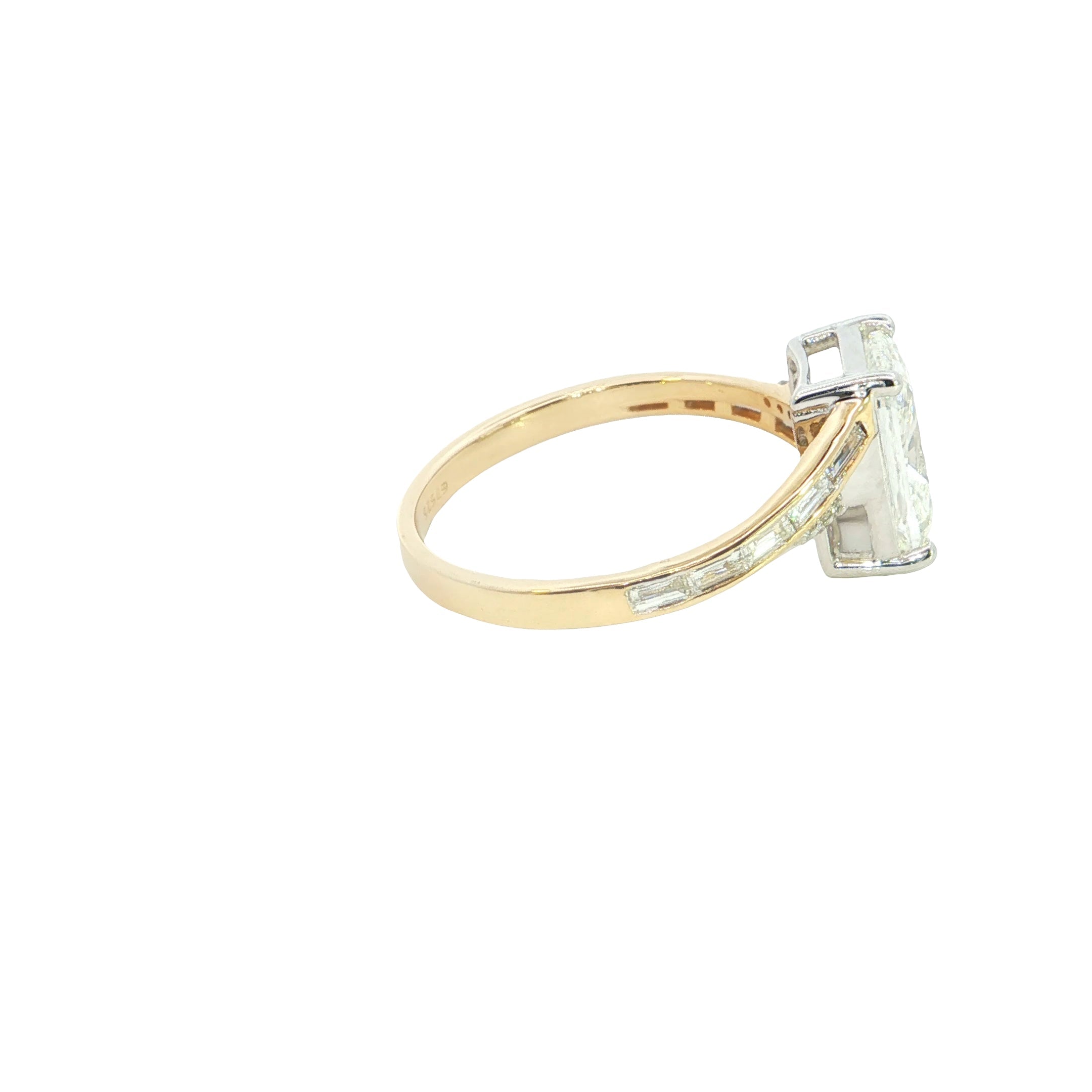 radiant center with BAGUETTE  and round lab grown diamond engagement ring