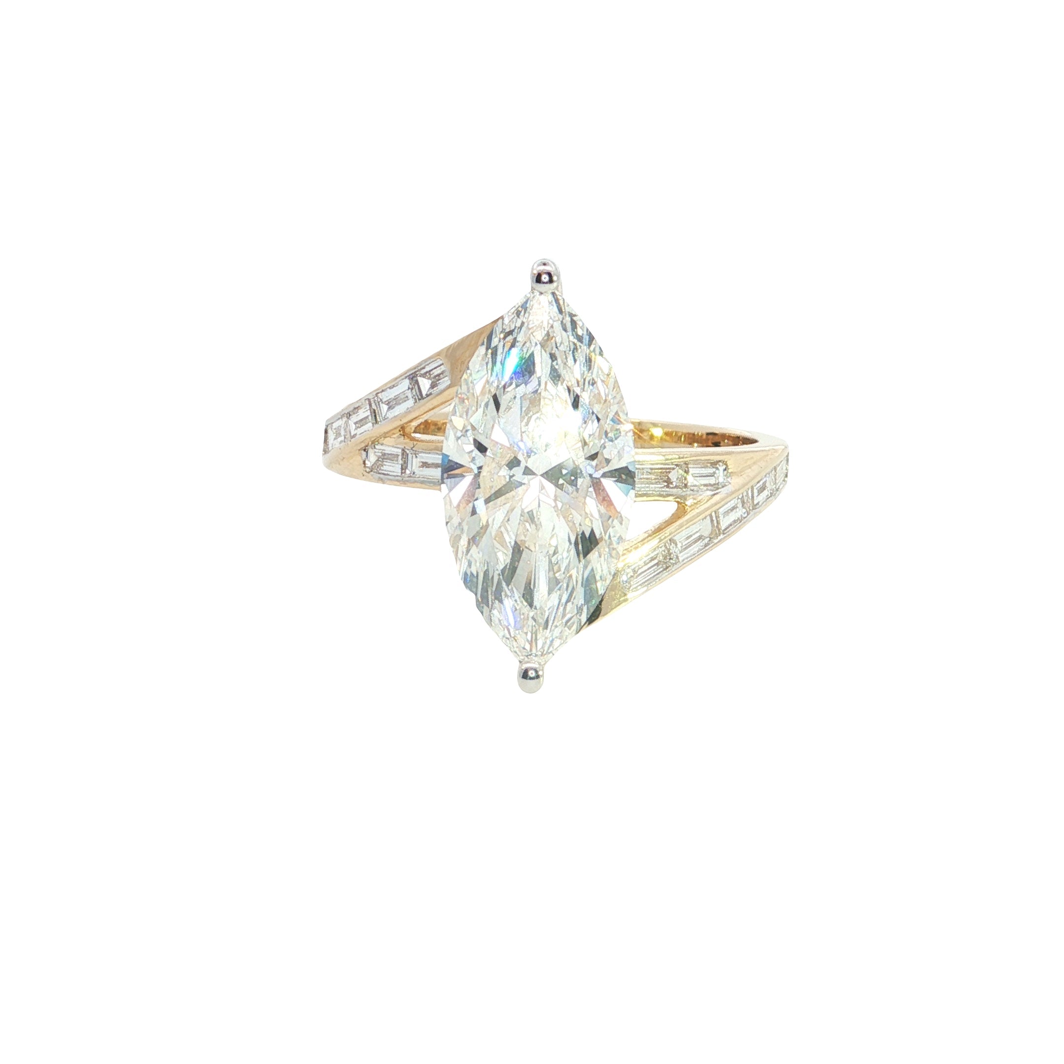 marquise center with BAGUETTE  and round lab grown diamond engagement ring