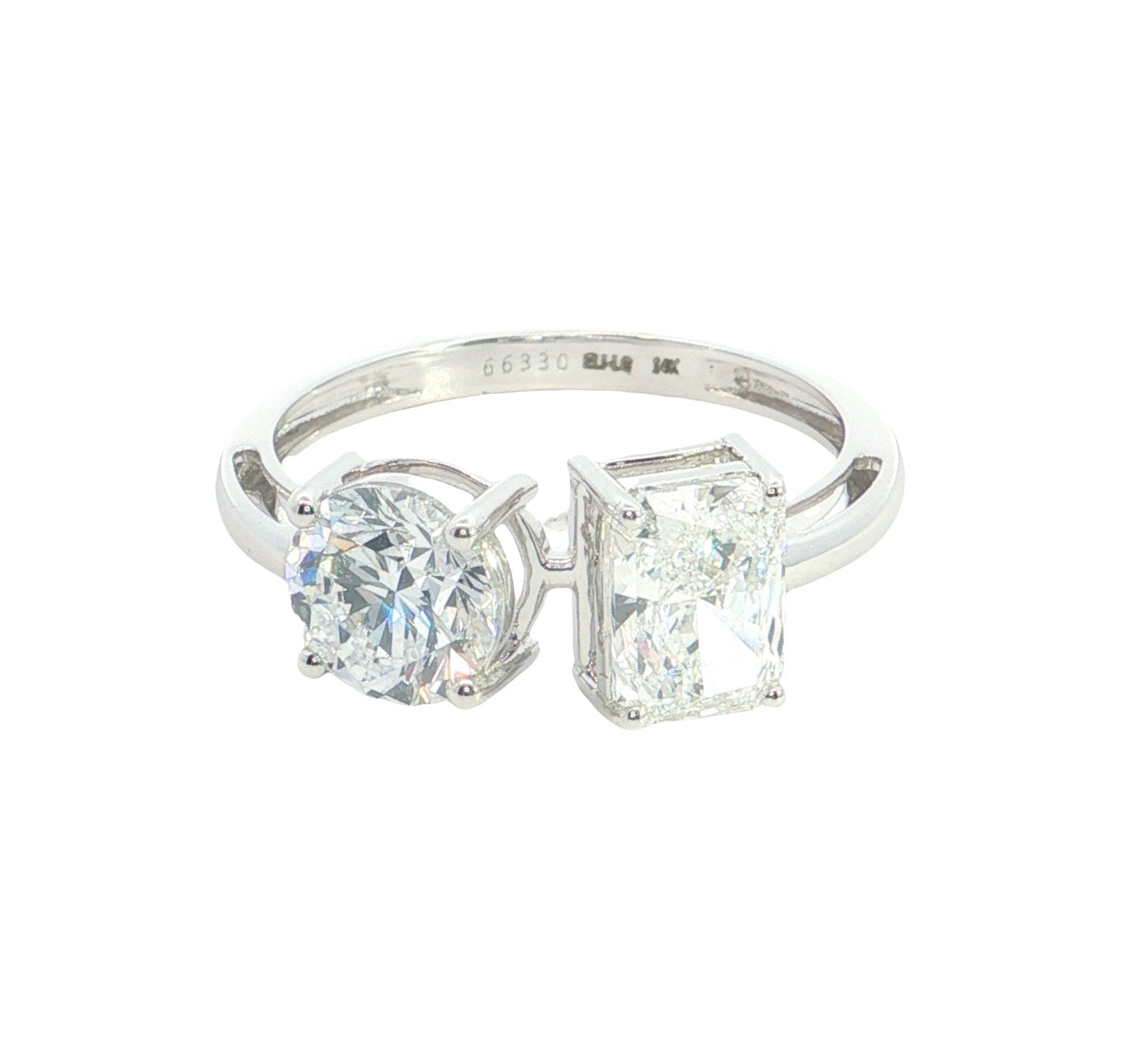 Radiant and Round Brilliant Cut Lab grown Diamond Two Stone Ring