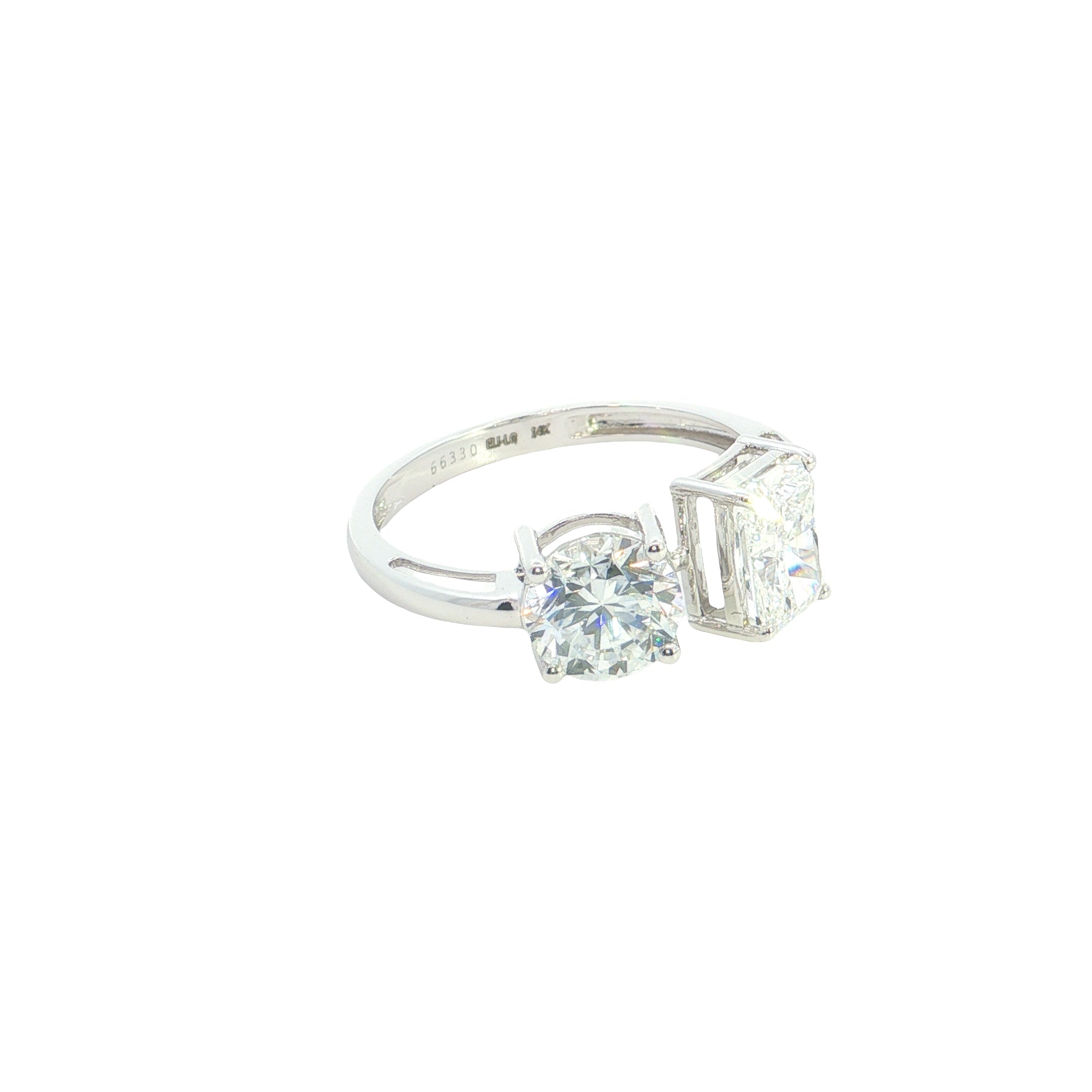 Radiant and Round Brilliant Cut Lab grown Diamond Two Stone Ring