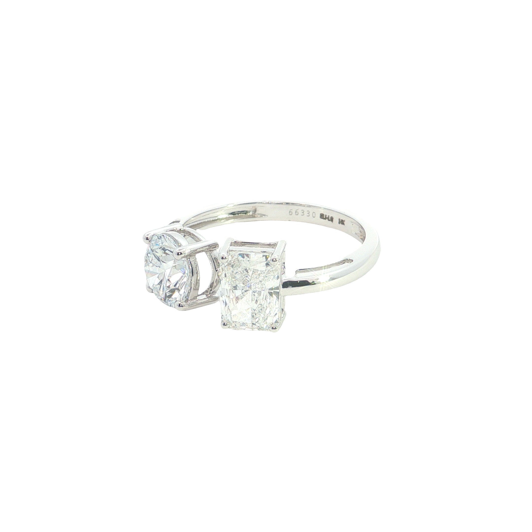 Radiant and Round Brilliant Cut Lab grown Diamond Two Stone Ring
