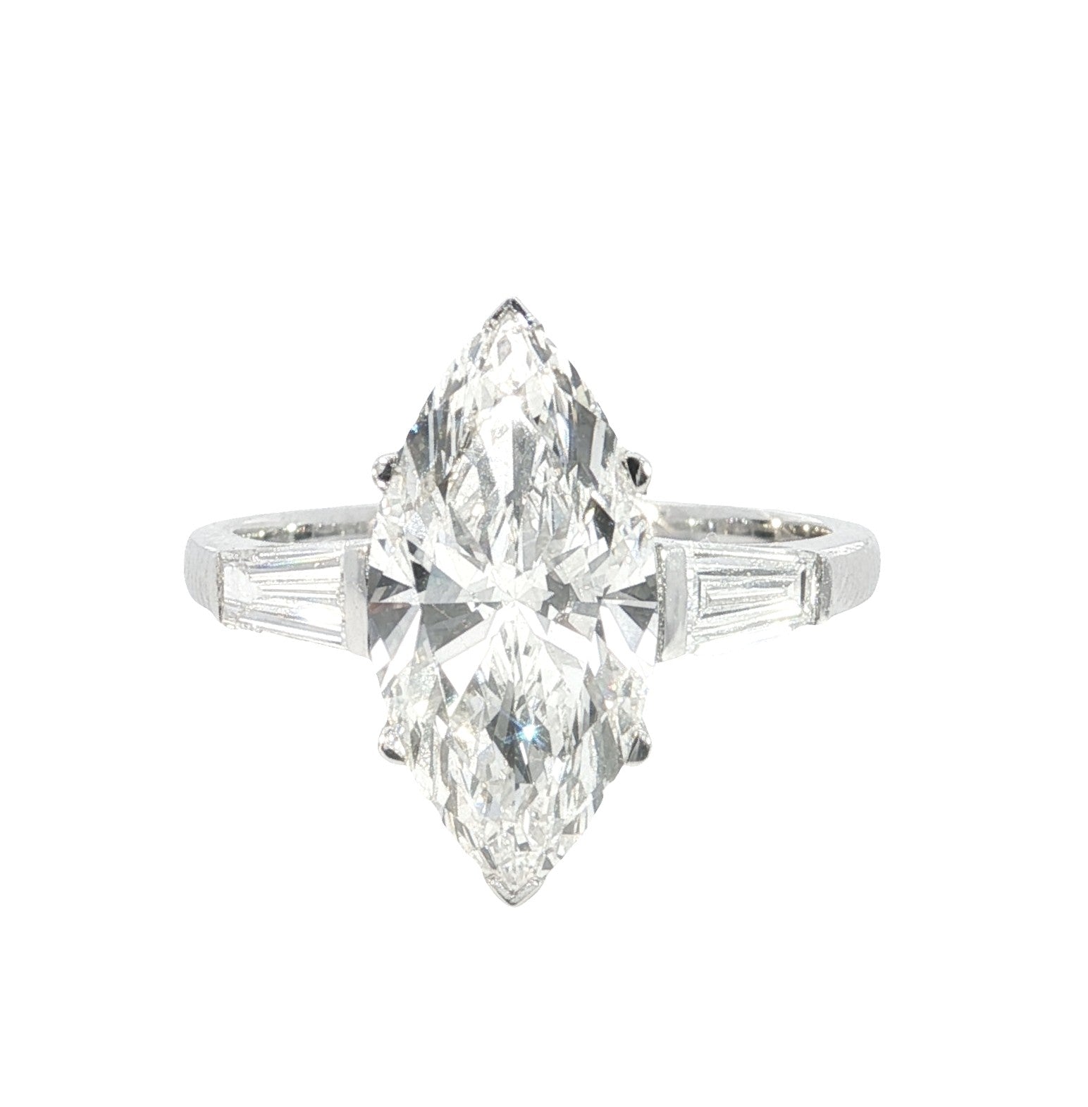 marquise and tapered BAGUETTEs Cut Lab grown Diamond Three Stone Engagement Ring