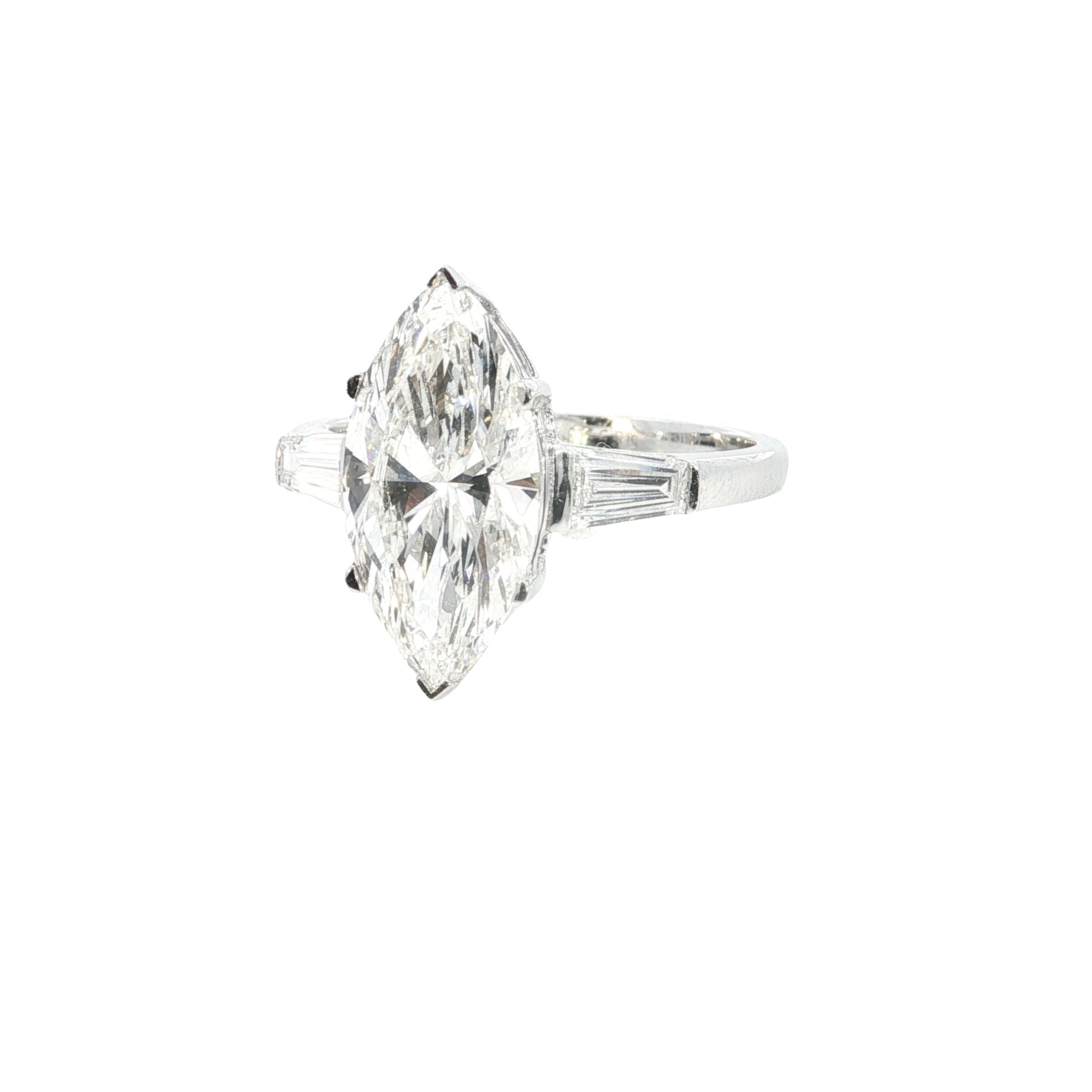 marquise and tapered BAGUETTEs Cut Lab grown Diamond Three Stone Engagement Ring