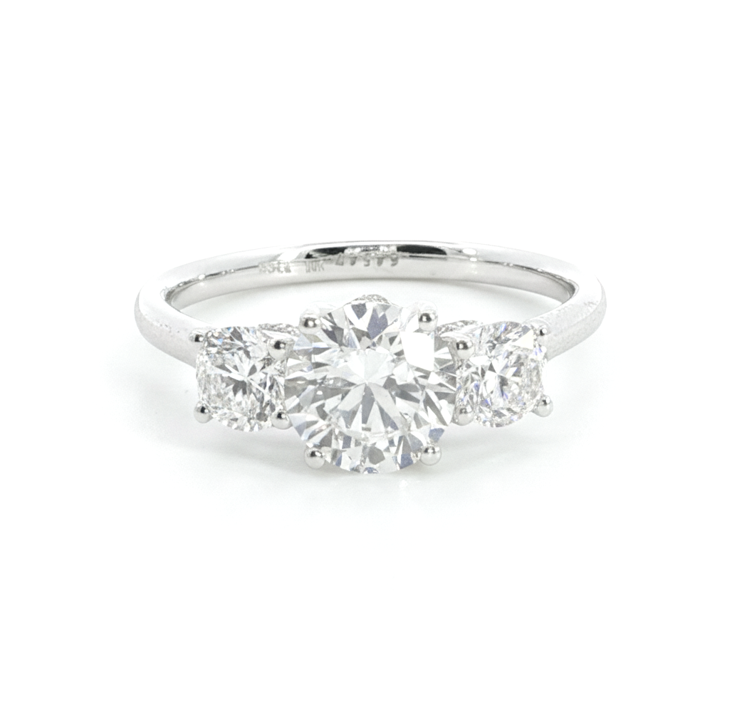 Round Brilliant cut  Lab grown Diamond  three stone  hidden halo Engagement Ring