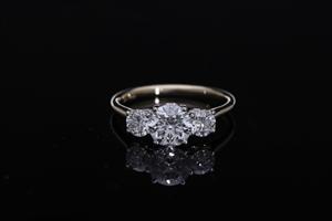Round Brilliant cut  Lab grown Diamond  three stone  hidden halo Engagement Ring