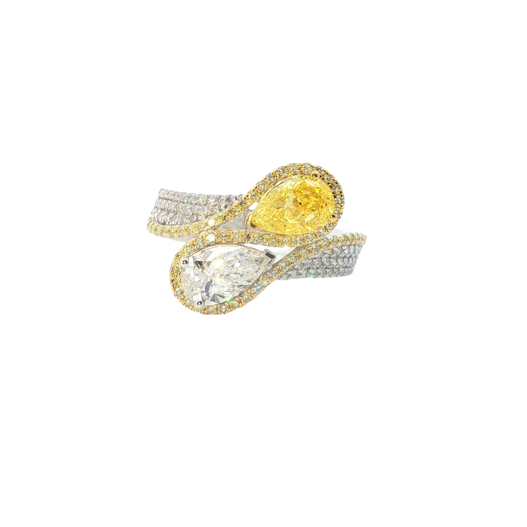 yellow color pear and round with white pear and Round Brilliant cut  Lab grown diamond luxury Engagement Ring )