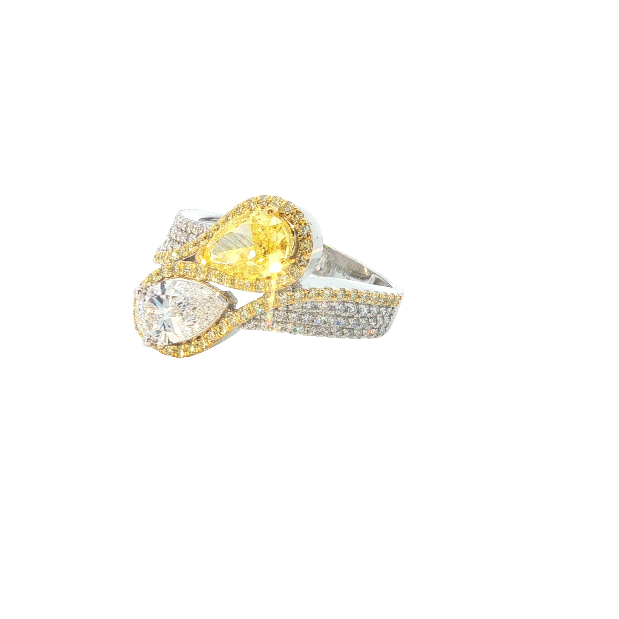 yellow color pear and round with white pear and Round Brilliant cut  Lab grown diamond luxury Engagement Ring )