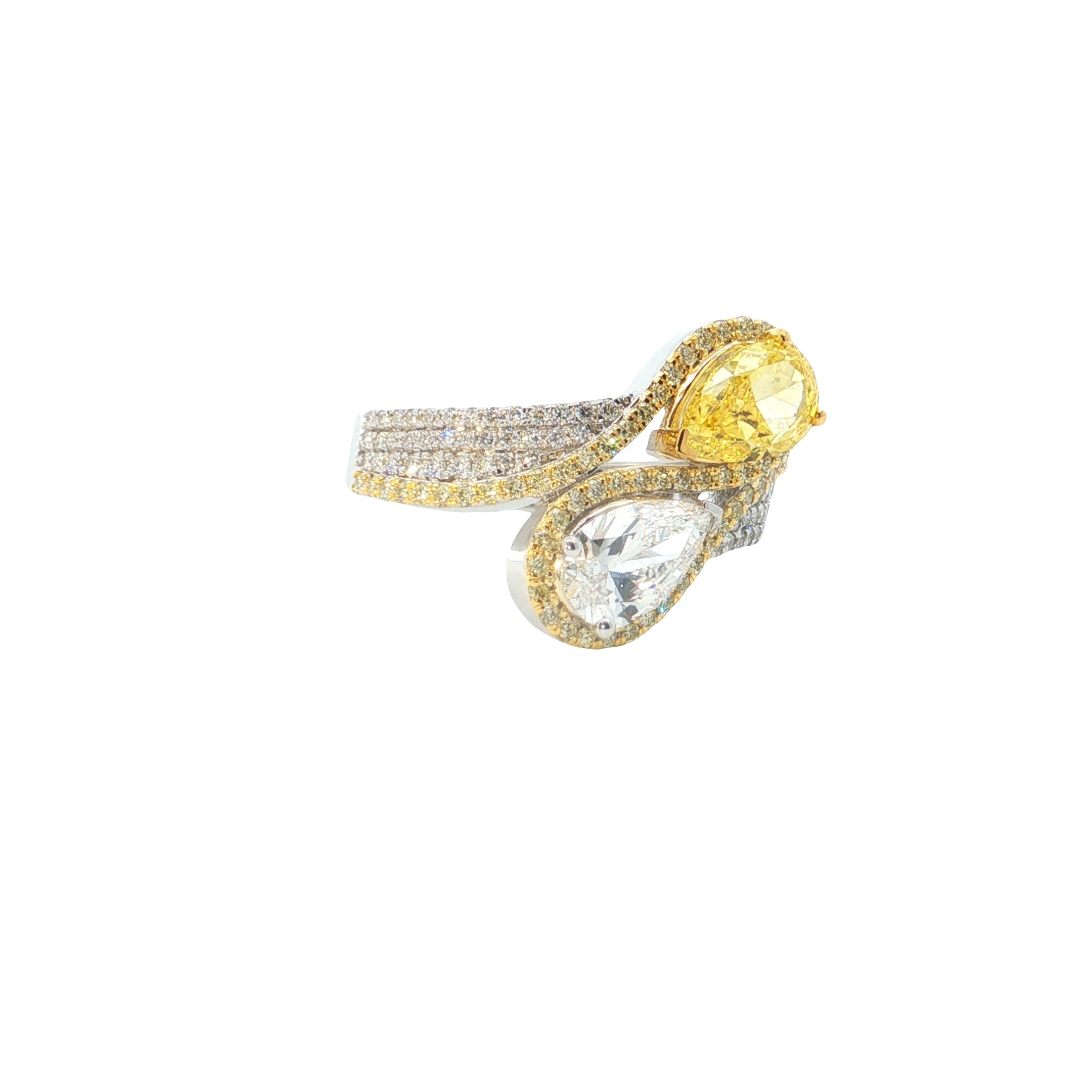 yellow color pear and round with white pear and Round Brilliant cut  Lab grown diamond luxury Engagement Ring )