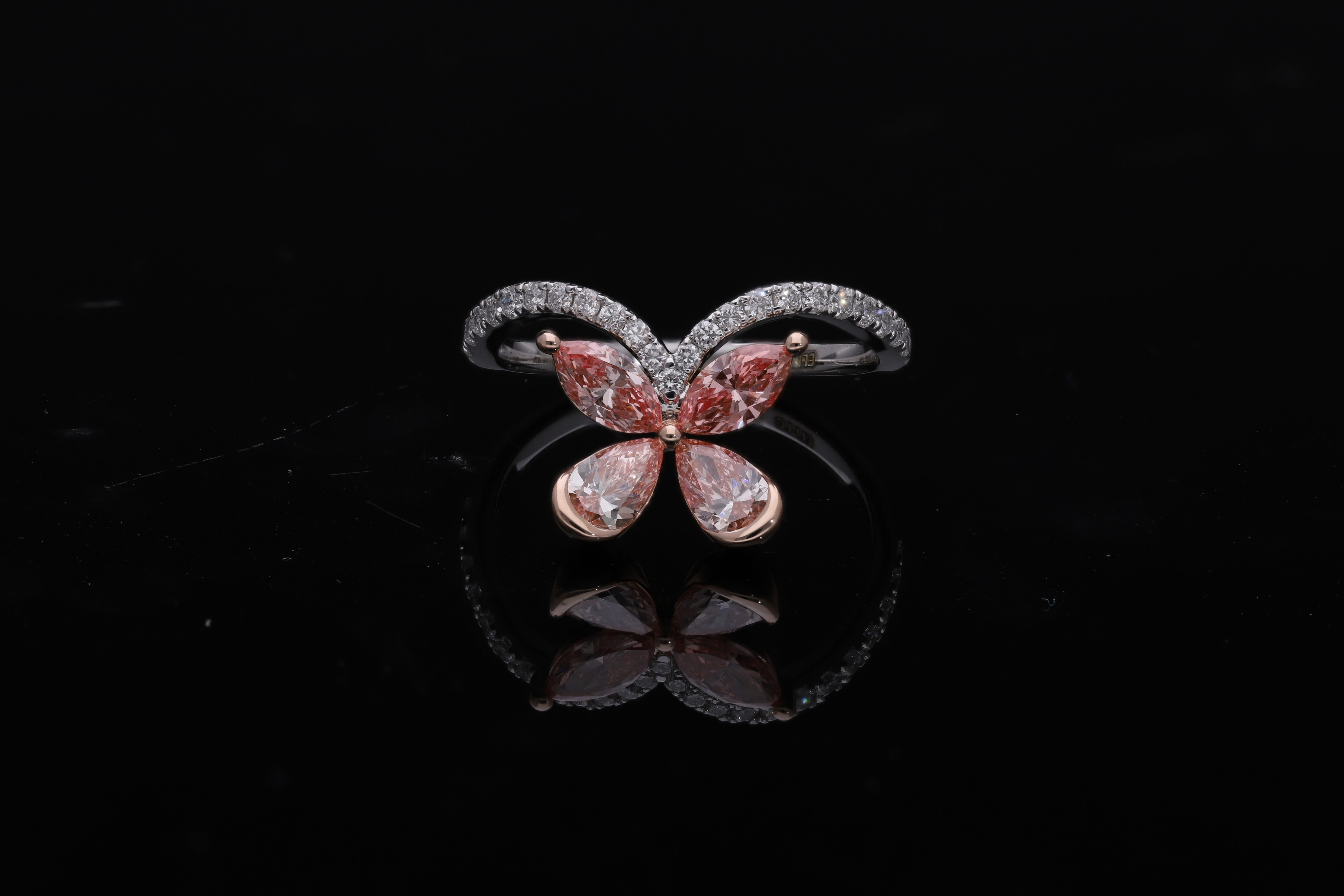 pink color pear and marquise with white brilliant cut lab grown diamond fancy ring