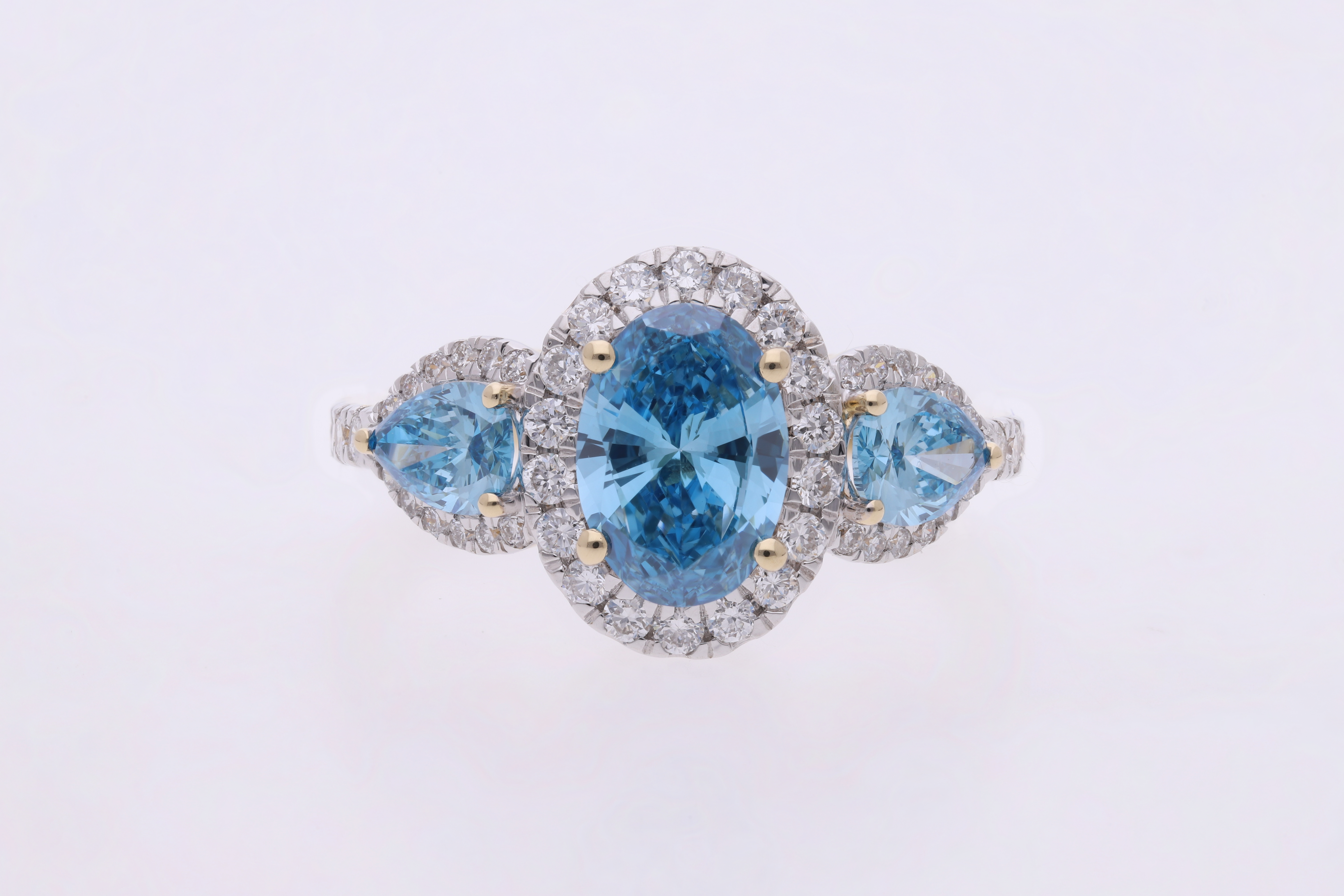 Blue color lab grown Oval and Pear with Brilliant cut Diamond Halo Engagement Ring