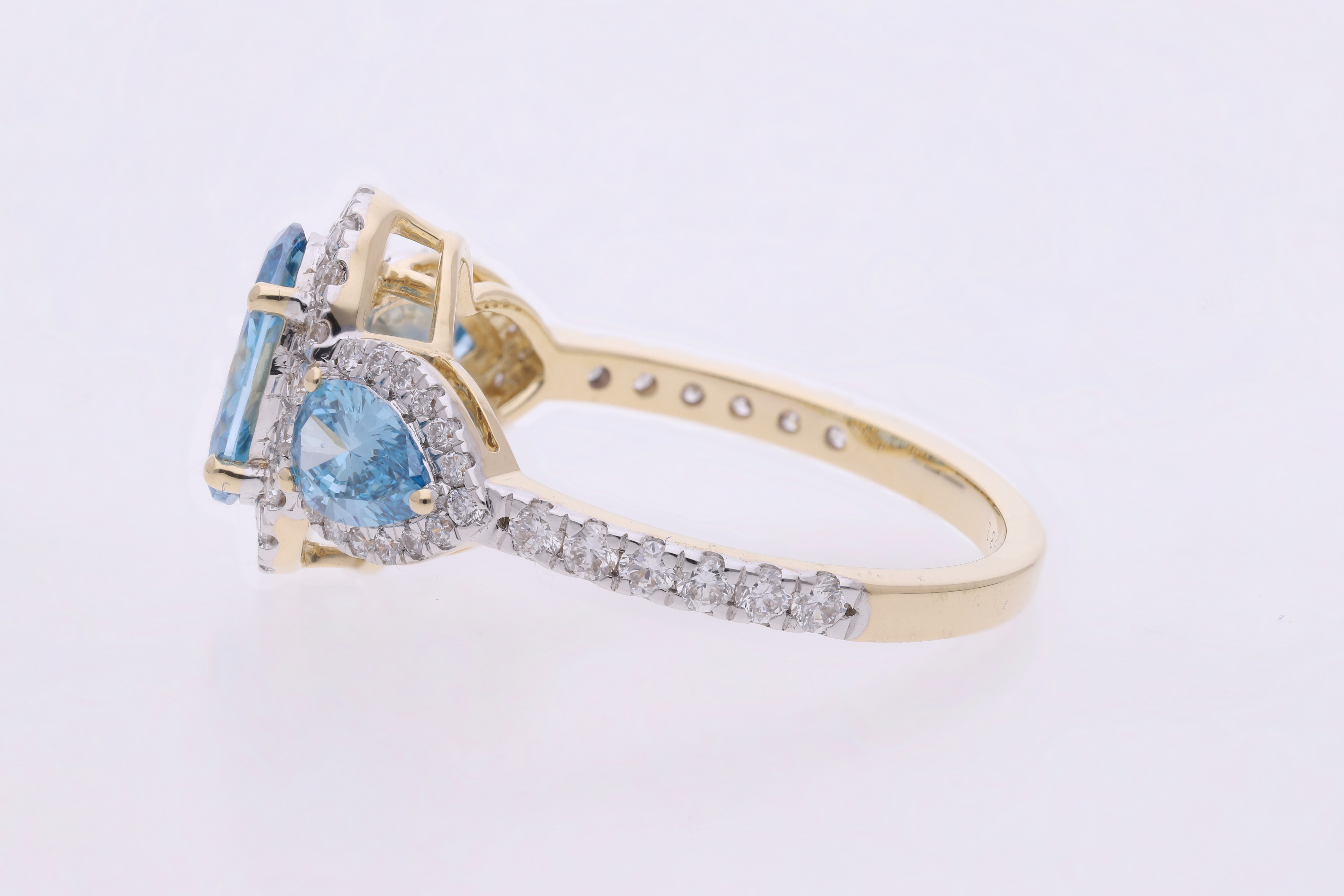 Blue color lab grown Oval and Pear with Brilliant cut Diamond Halo Engagement Ring
