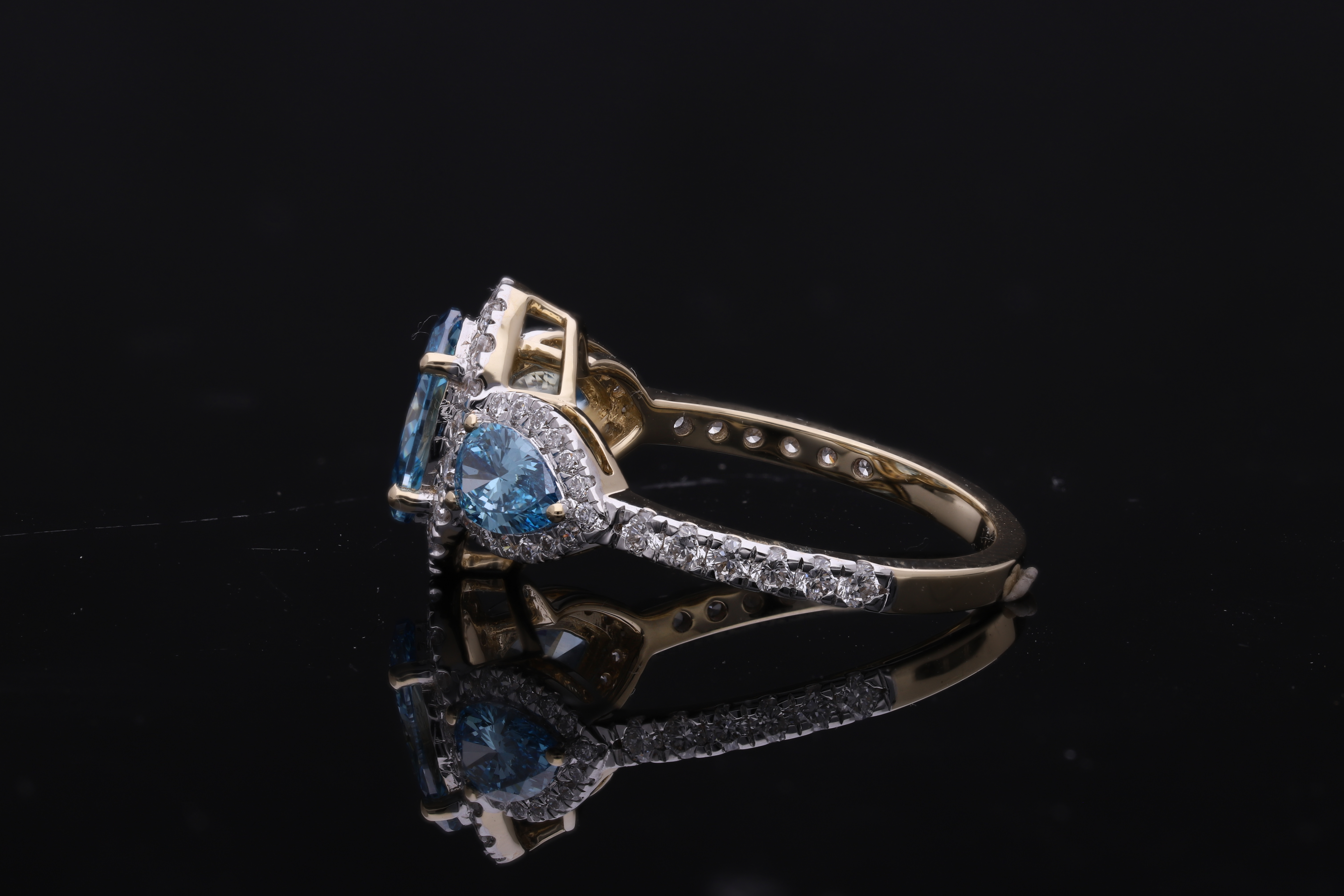 Blue color lab grown Oval and Pear with Brilliant cut Diamond Halo Engagement Ring