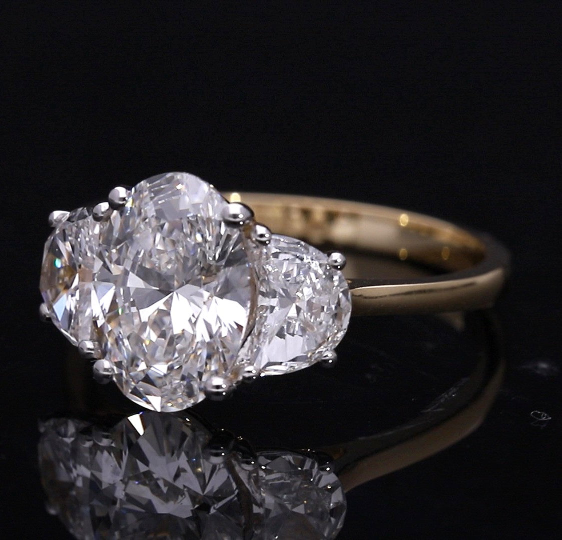 Oval and Half-Moon Cut Lab-Grown Diamond Three-Stone Engagement Ring