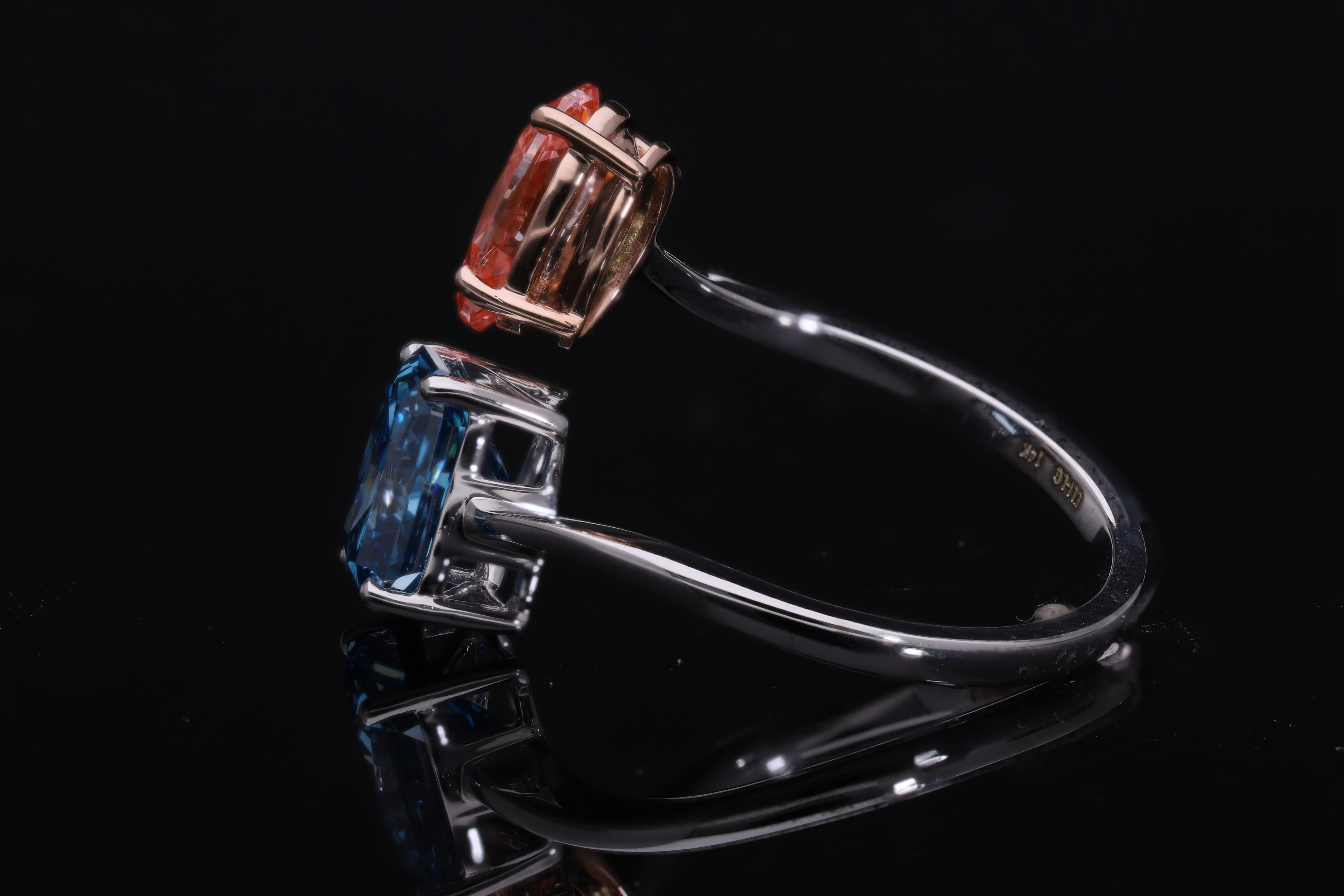 Red Oval and Blue Radiant Cut Lab-Grown Diamond Two-Stone Ring