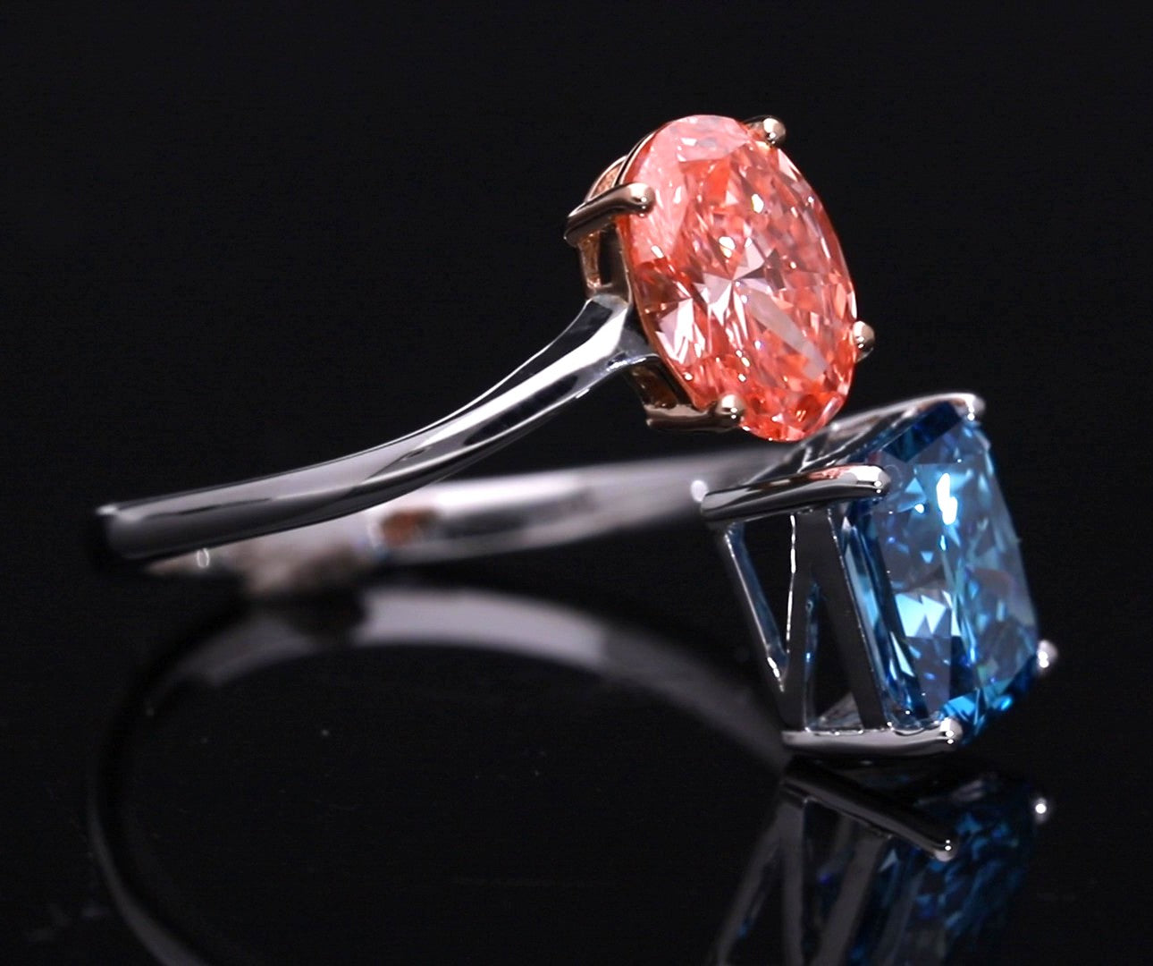 Red Oval and Blue Radiant Cut Lab-Grown Diamond Two-Stone Ring