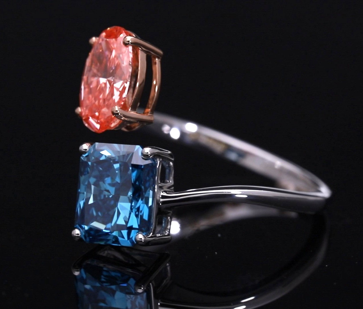 Red Oval and Blue Radiant Cut Lab-Grown Diamond Two-Stone Ring