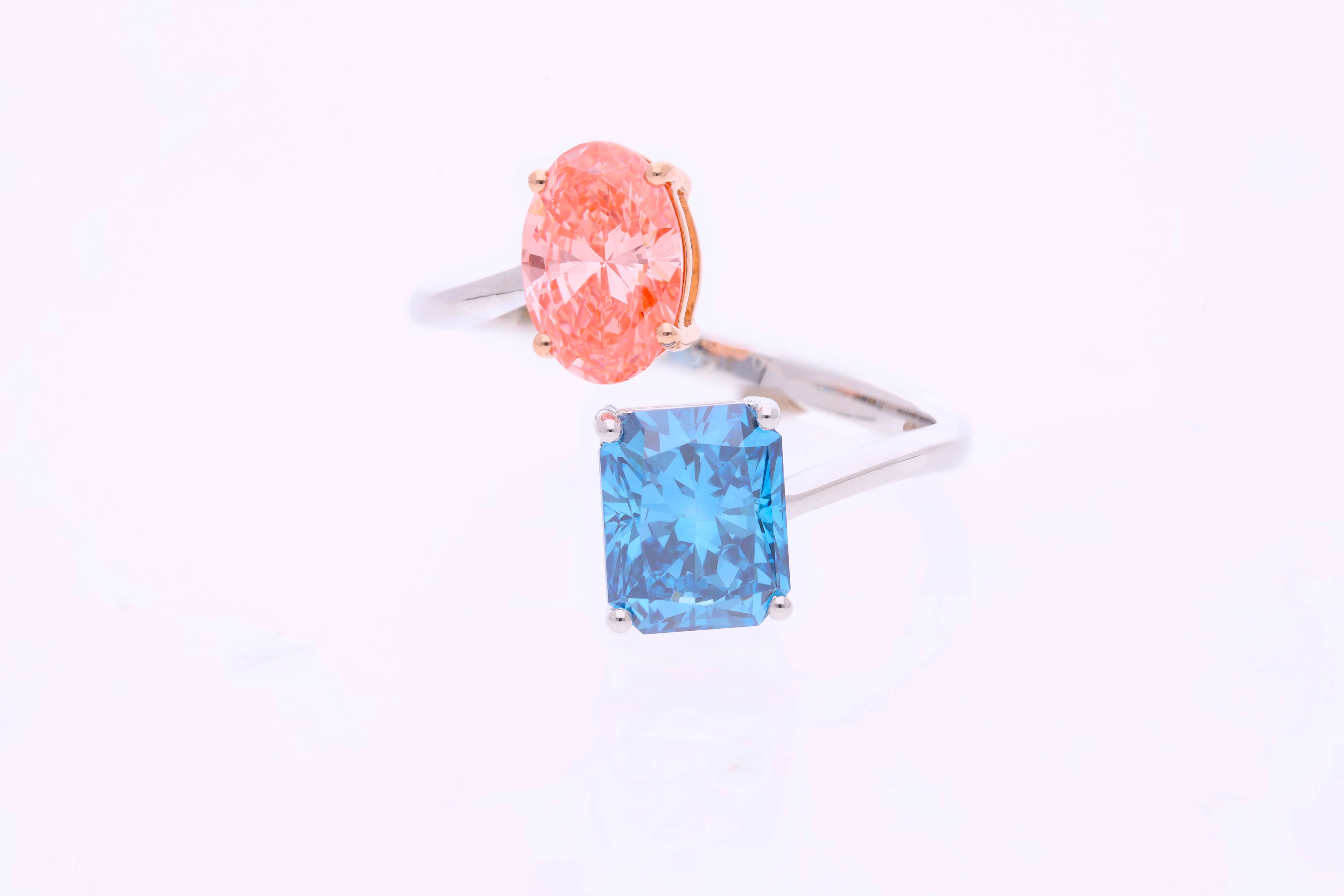 Red Oval and Blue Radiant Cut Lab-Grown Diamond Two-Stone Ring
