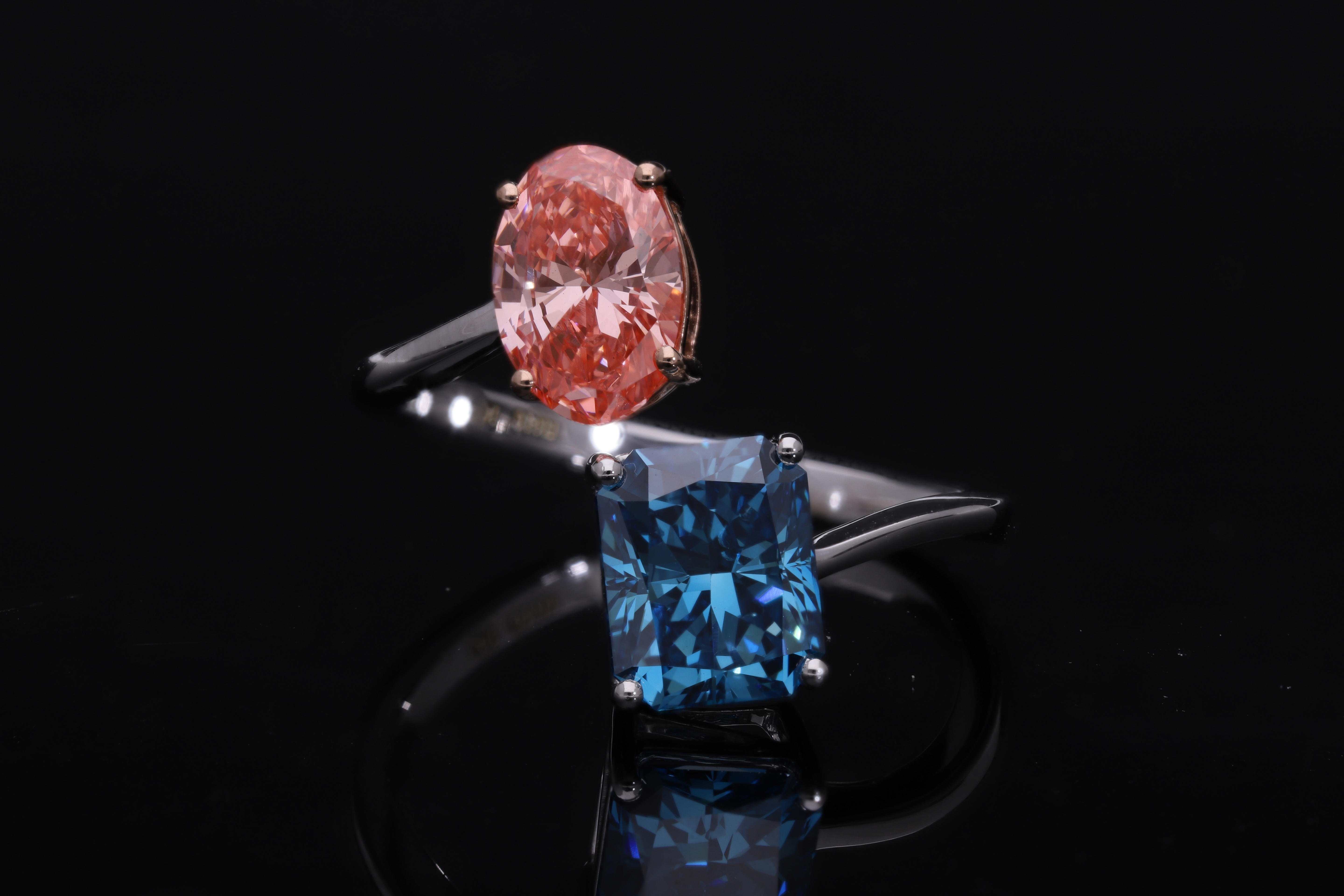 Red Oval and Blue Radiant Cut Lab-Grown Diamond Two-Stone Ring