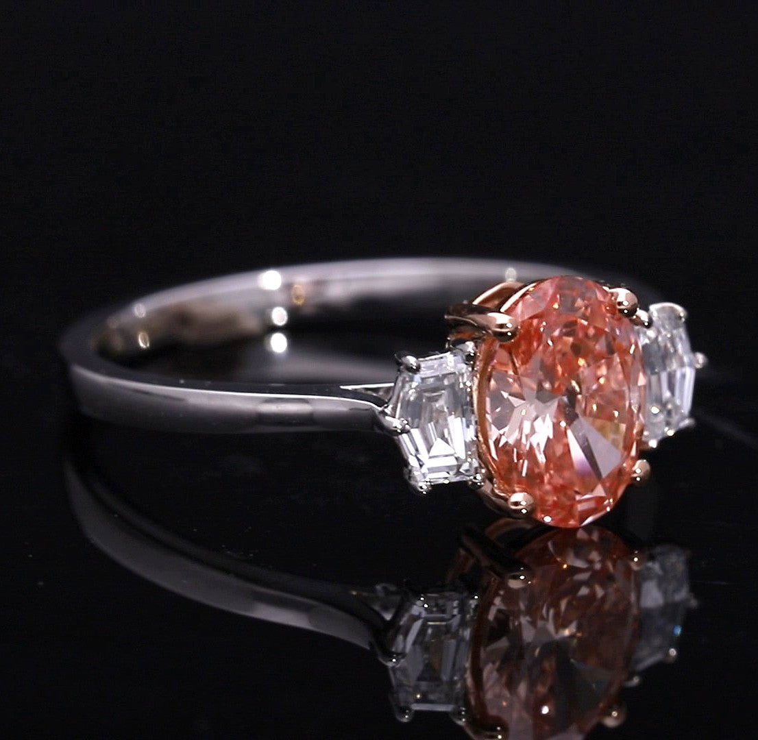 Pink Oval and Cadillac Cut Lab-Grown Diamond Three-Stone Engagement Ring