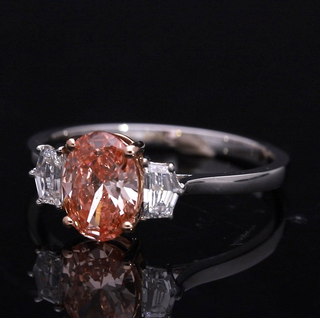 Pink Oval and Cadillac Cut Lab-Grown Diamond Three-Stone Engagement Ring