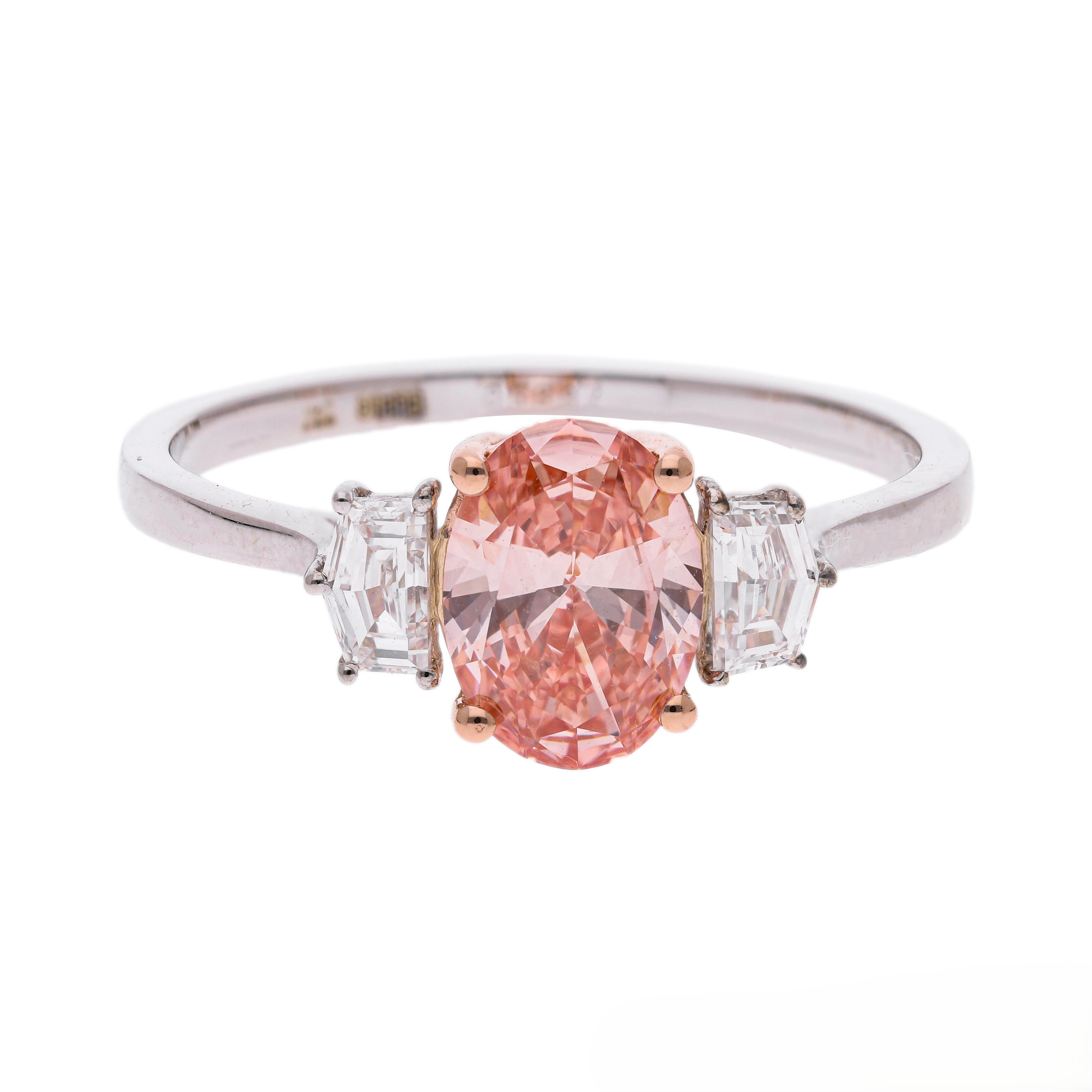 Pink Oval and Cadillac Cut Lab-Grown Diamond Three-Stone Engagement Ring