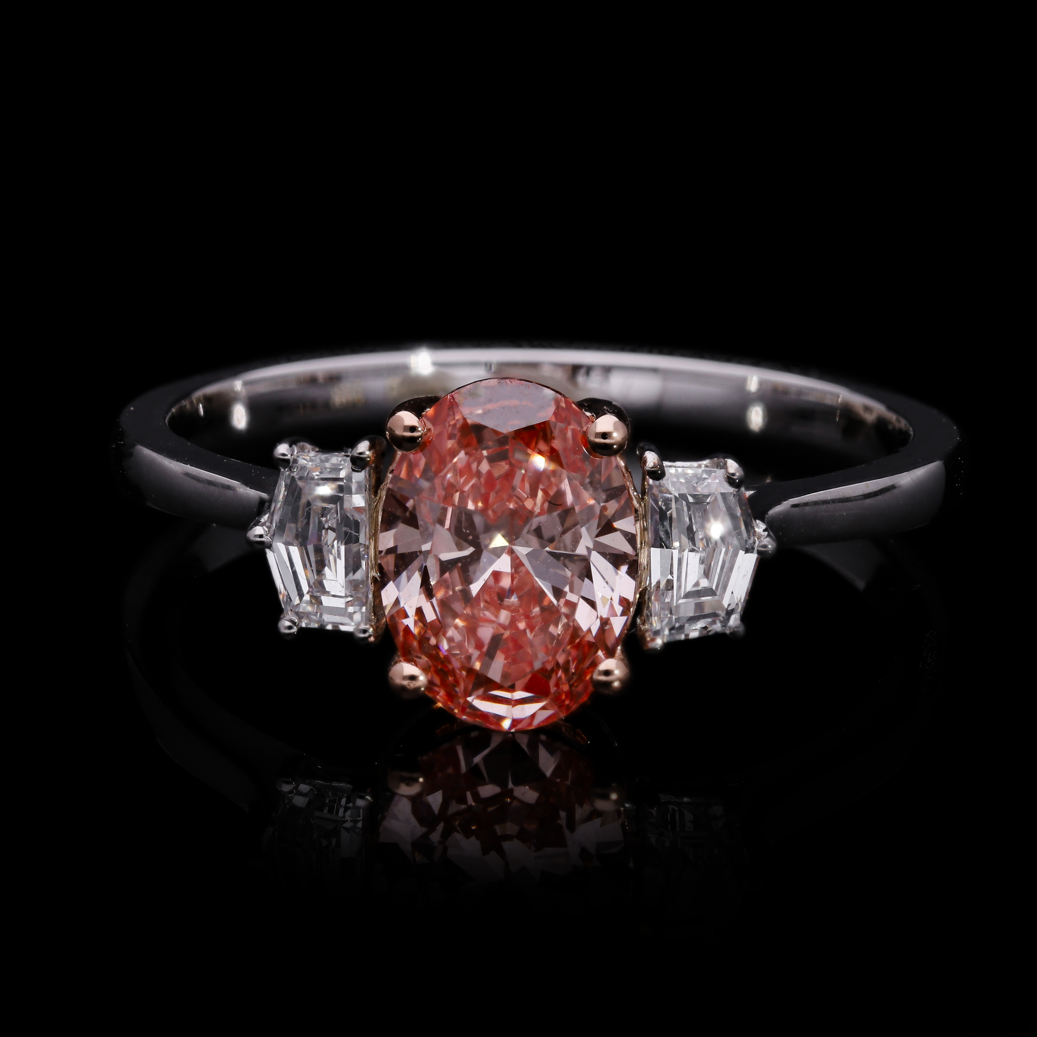 Pink Oval and Cadillac Cut Lab-Grown Diamond Three-Stone Engagement Ring