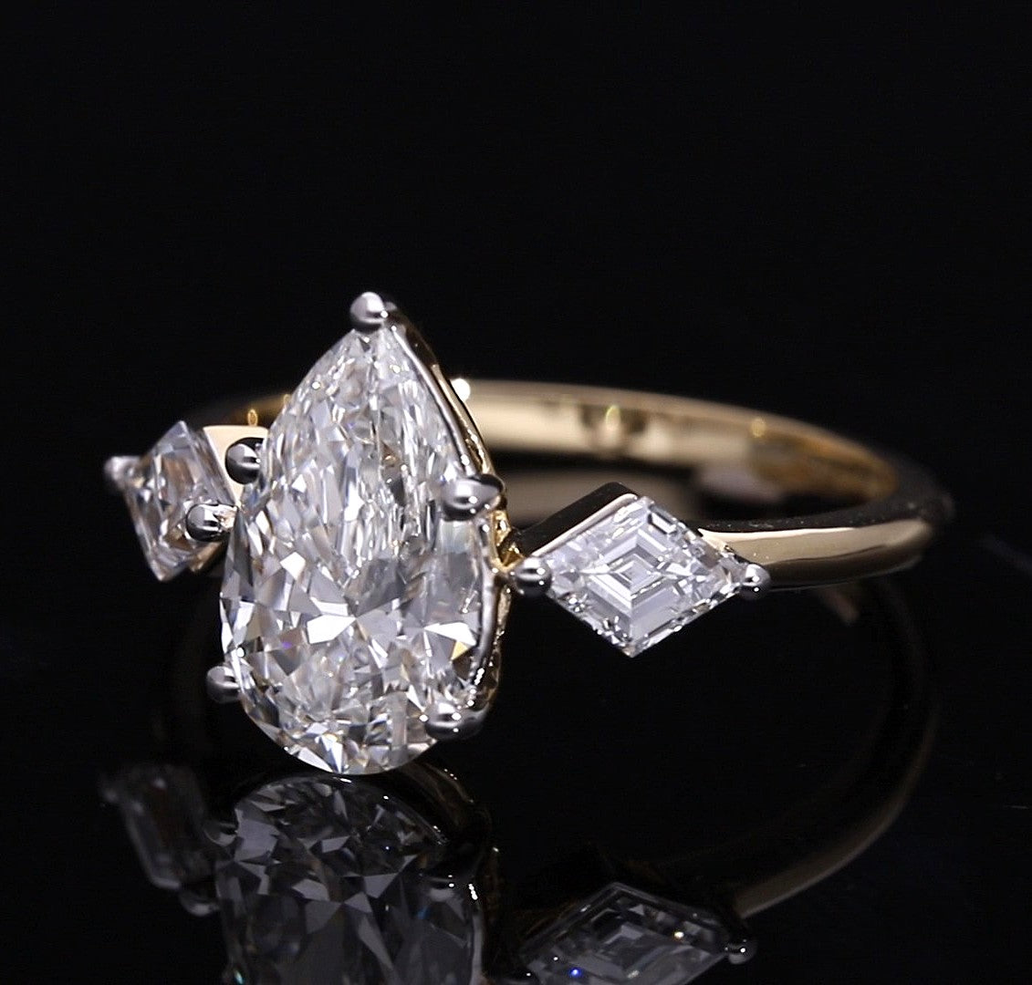Pear Cut and Kite Shaped Lab-Grown Diamond Three-Stone Engagement Ring