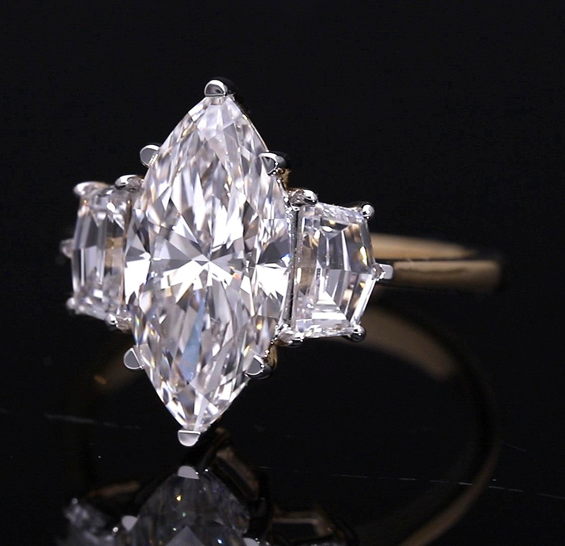 Marquise Cut and Cadillac Cut Lab-Grown Diamond Three-Stone Engagement Ring