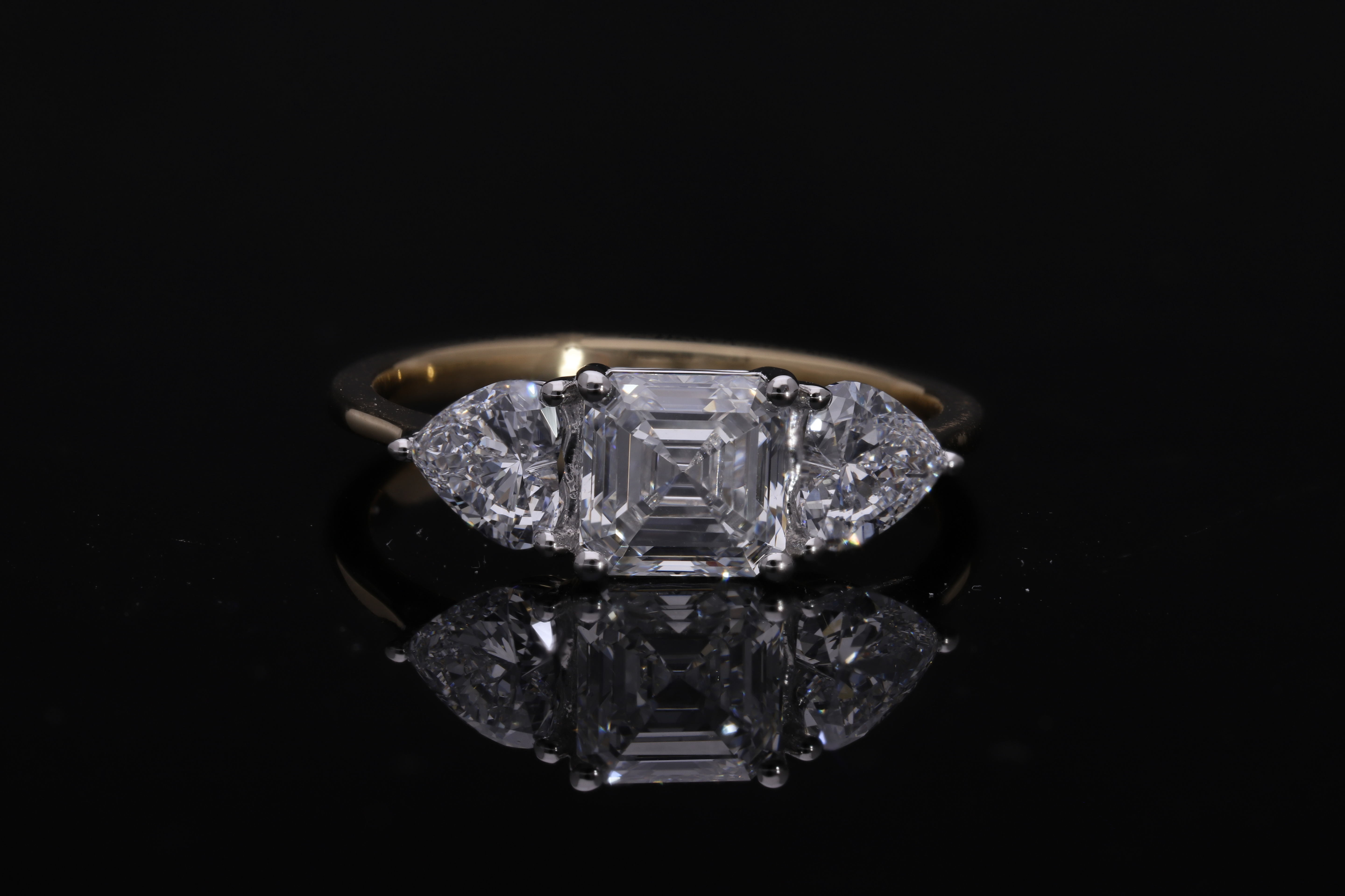 Asscher cut with Heart Lab grown Diamond Three Stone Engagement Ring
