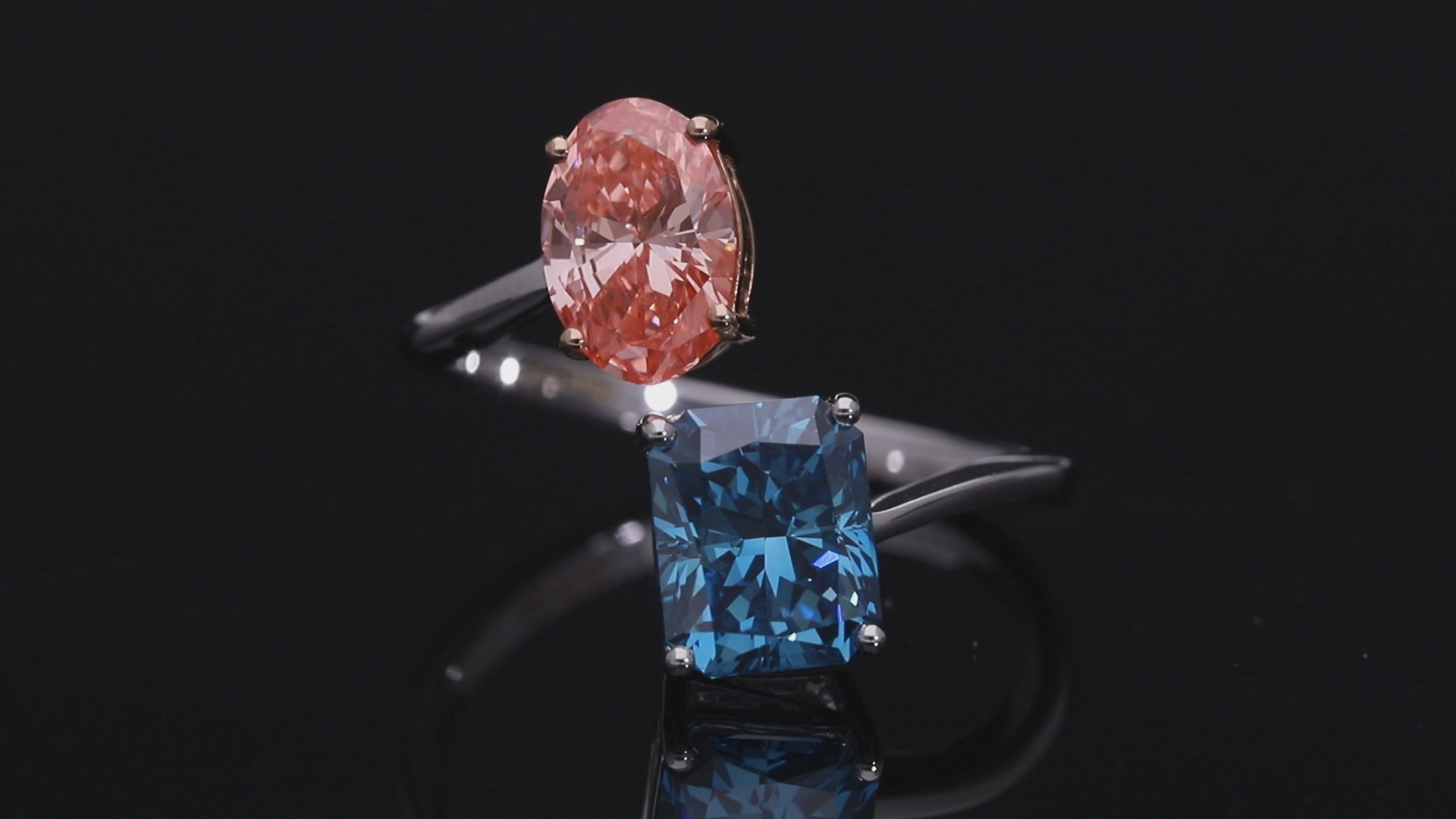 Red Oval and Blue Radiant Cut Lab-Grown Diamond Two-Stone Ring